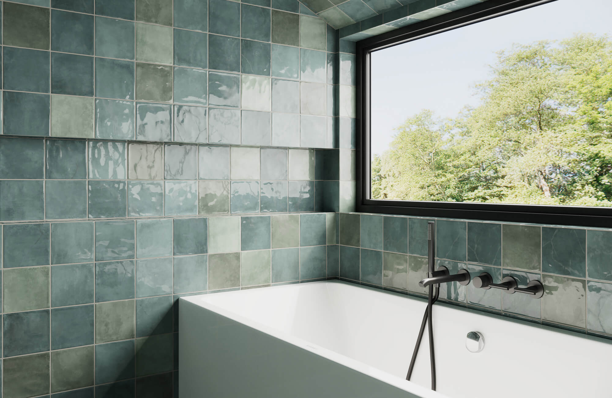 A serene bathroom wall features glazed ceramic tiles in seafoam and teal hues, contrasted by modern black fixtures and an oversized window.