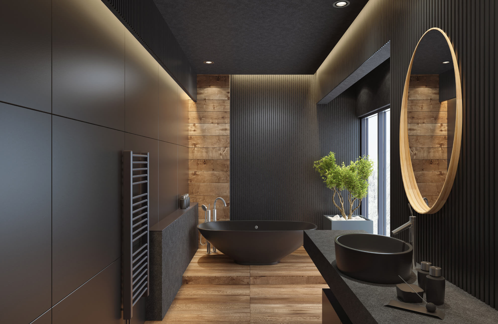 Modern bathroom with large-format tiles, wood accents, black freestanding tub, round mirror, and natural light.