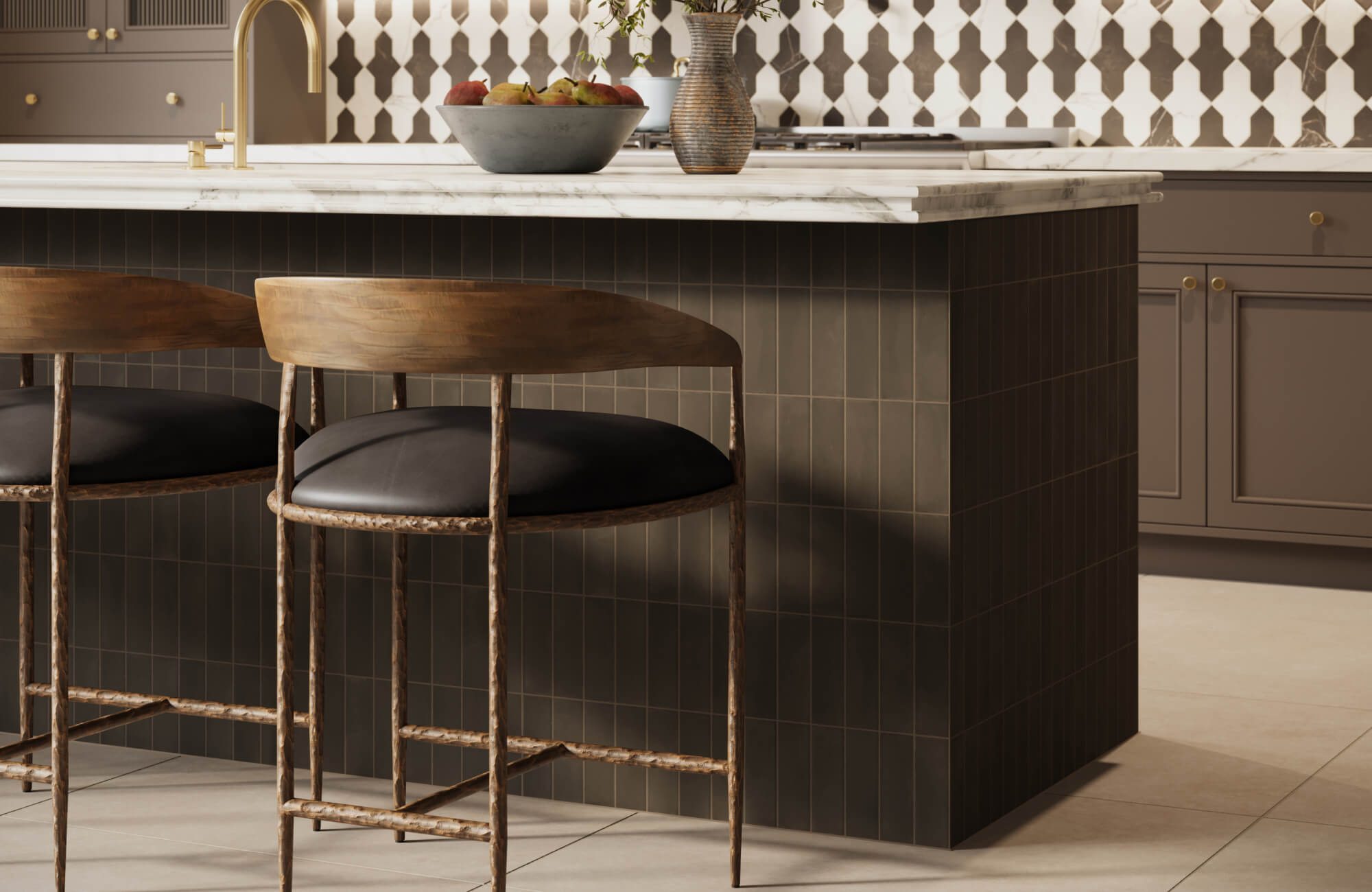 Sleek matte charcoal vertical tile island with a white marble top, paired with rustic wood and leather counter stools.