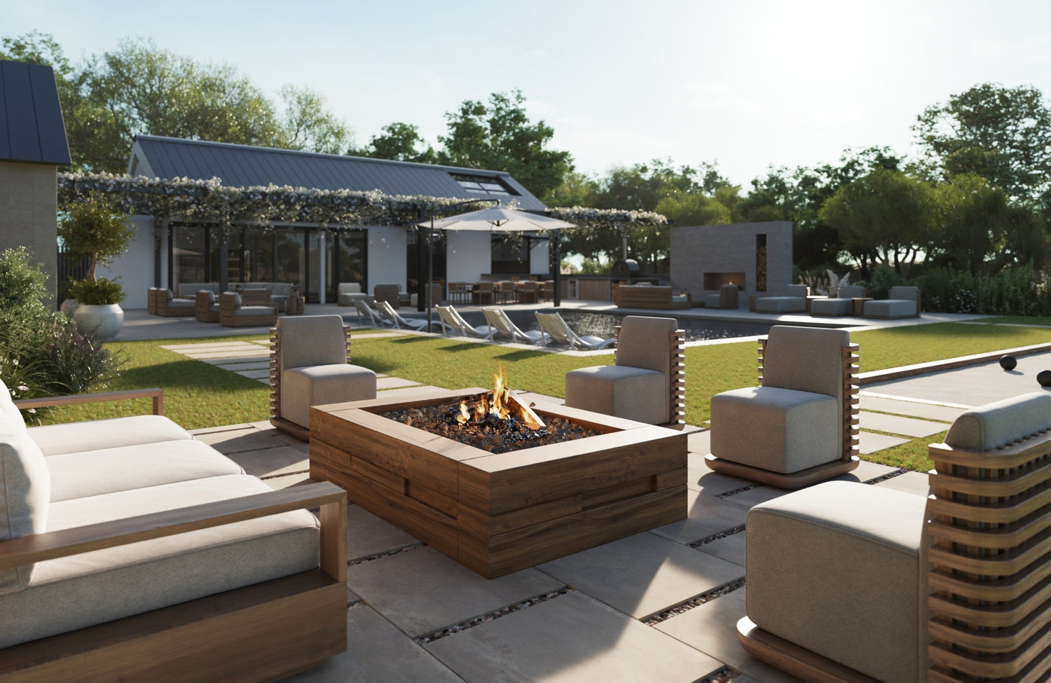 Modern patio with fire pit and lounge chairs featuring large-format porcelain pavers in a clean linear layout