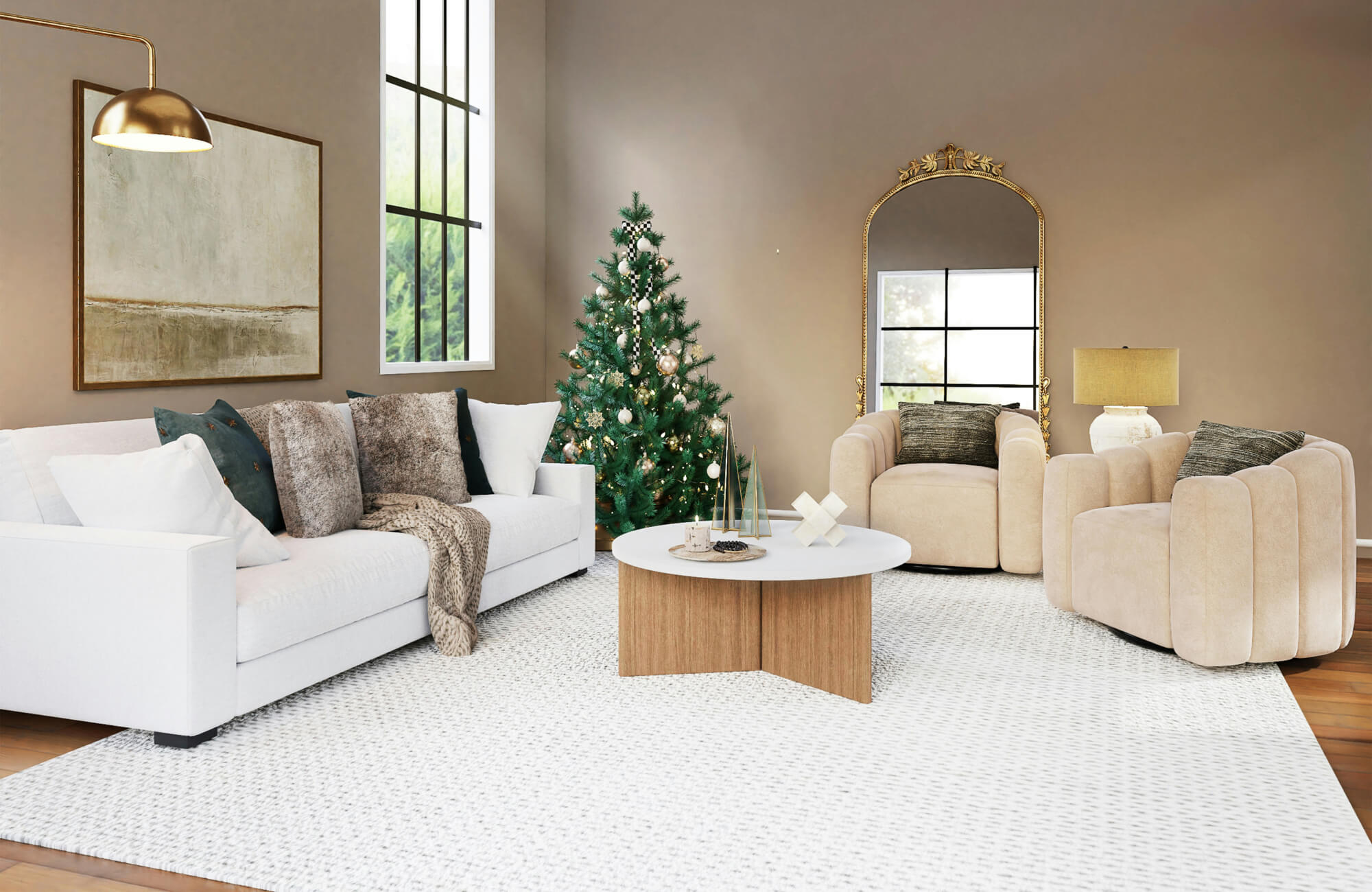 Cozy holiday living room featuring a white woven tile-look wool area rug, neutral furniture, and a decorated Christmas tree.