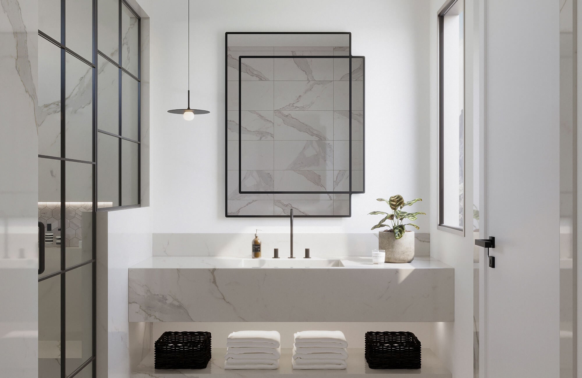 Minimalist bathroom with a large marble vanity, overlapping square-framed mirrors, and a soft monochrome palette enhanced by sleek black accents and subtle natural light.