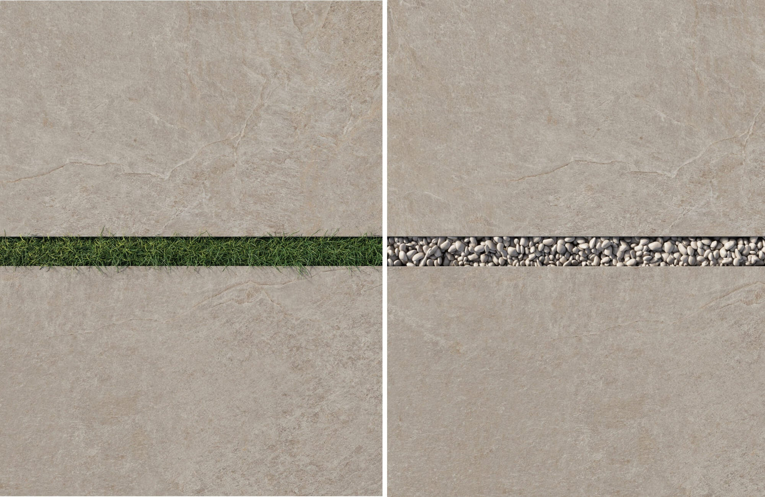 Natural stone look porcelain pavers with two grout options: lush grass on the left and decorative grey gravel on the right.
