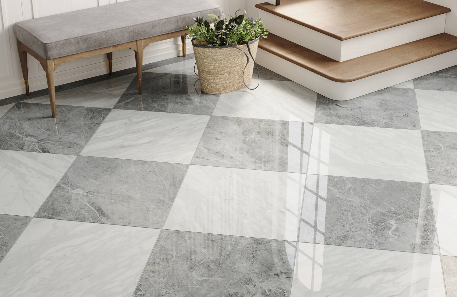 Contemporary entryway with gray and white checkerboard tile flooring, wooden bench, woven basket, and soft neutral finishes.