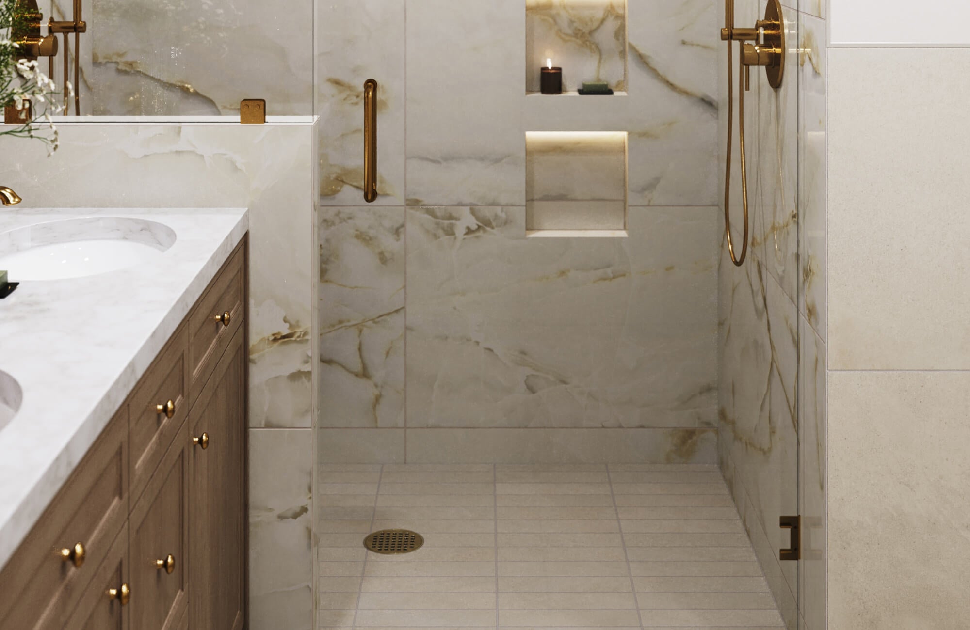 Elegant shower with marble-look subway wall tiles and light-toned floor tiles creating a seamless modern bathroom.