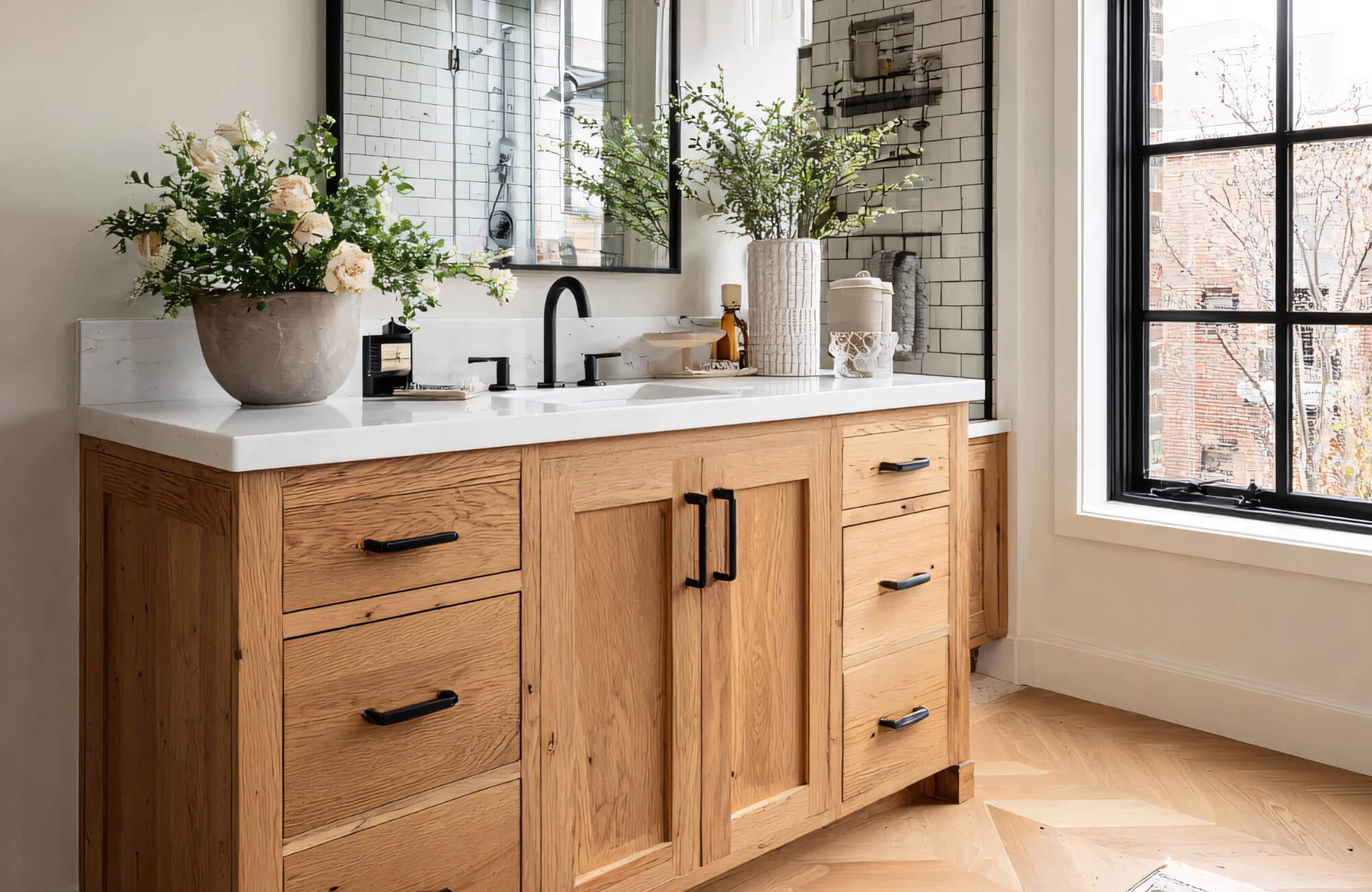 Solid wood bathroom vanity with light wood look herringbone floor tiles and white countertop in a bright, modern bathroom.