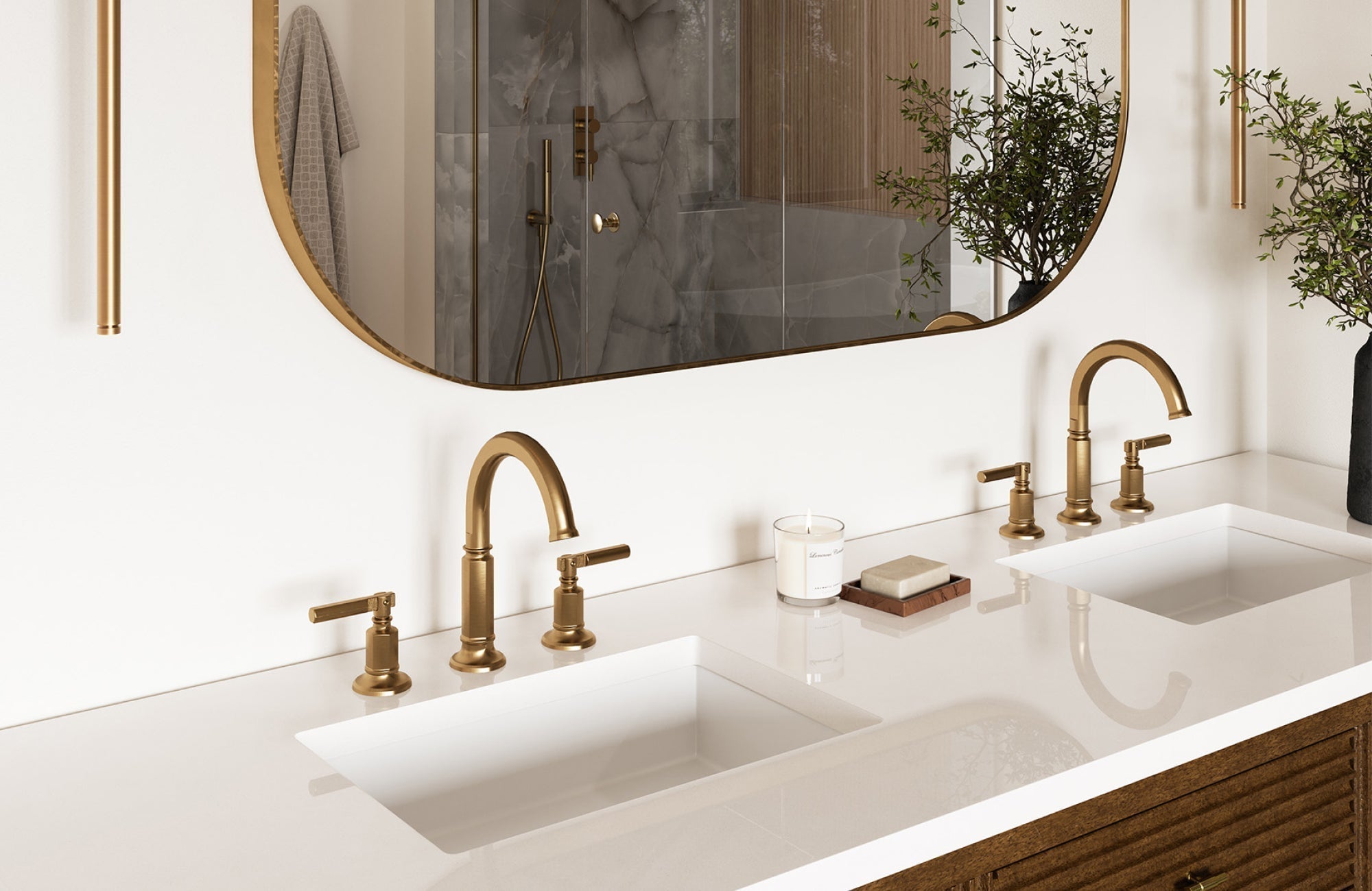 Elegant double vanity with white quartz top and gold fixtures, blending luxury and simplicity in a modern bathroom.