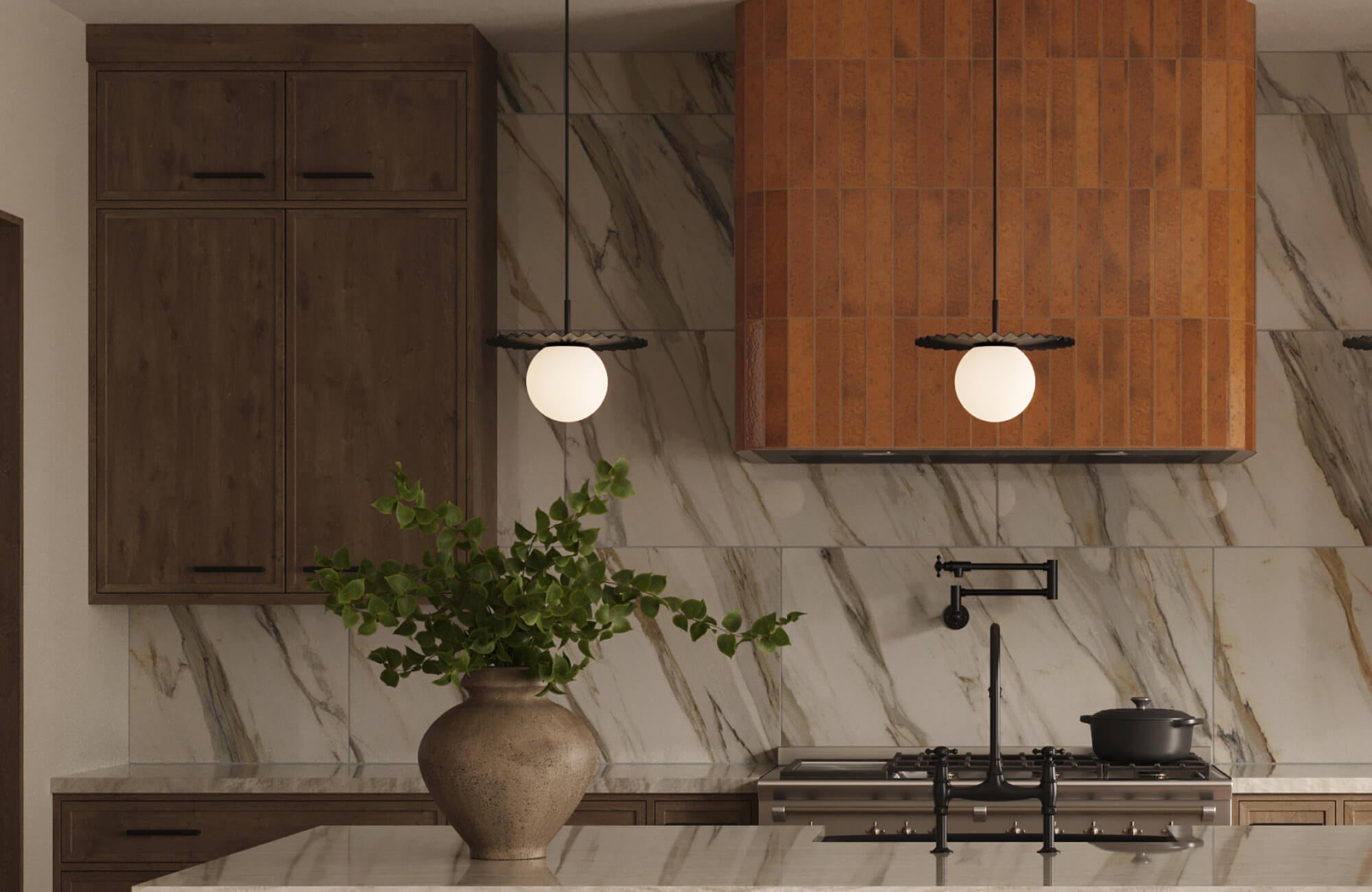 A warm contemporary kitchen features dark wood cabinetry, veined stone surfaces, and a large ceramic vase filled with leafy greenery arranged on a spacious island.