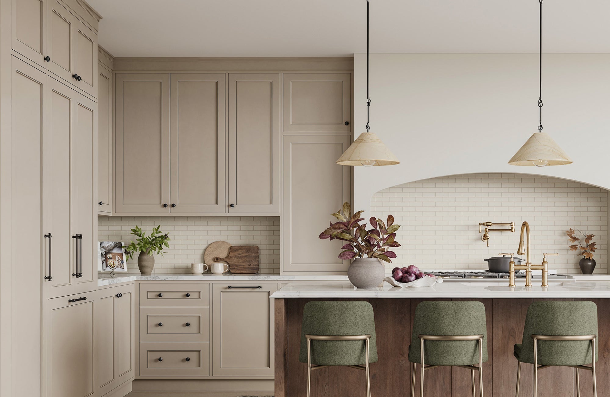 Cone-shaped pendant lights in a neutral kitchen, offering a clean and simple look above the island.
