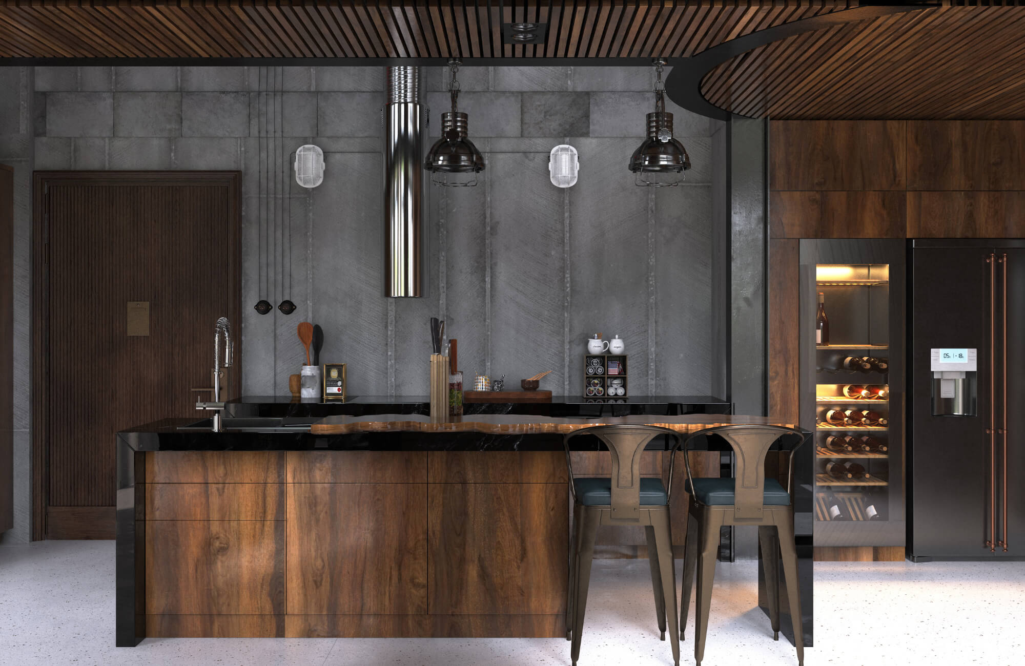 Modern kitchen with industrial black pendants, wood cabinetry, concrete walls, and a sleek island with metal barstools.
