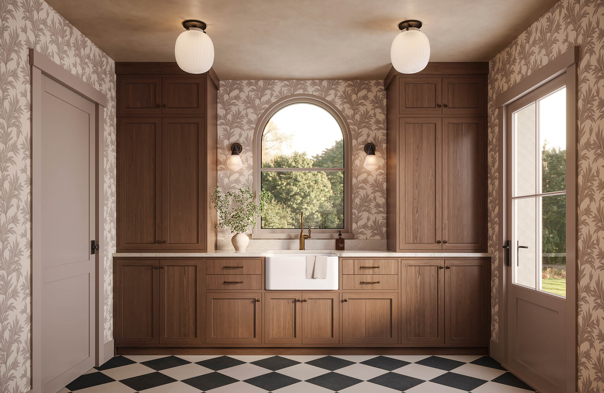 Classic kitchen with warm wood cabinetry, leafy wallpaper, sconces and flush-mounted lights, arched window, and black-white diamond tile flooring.