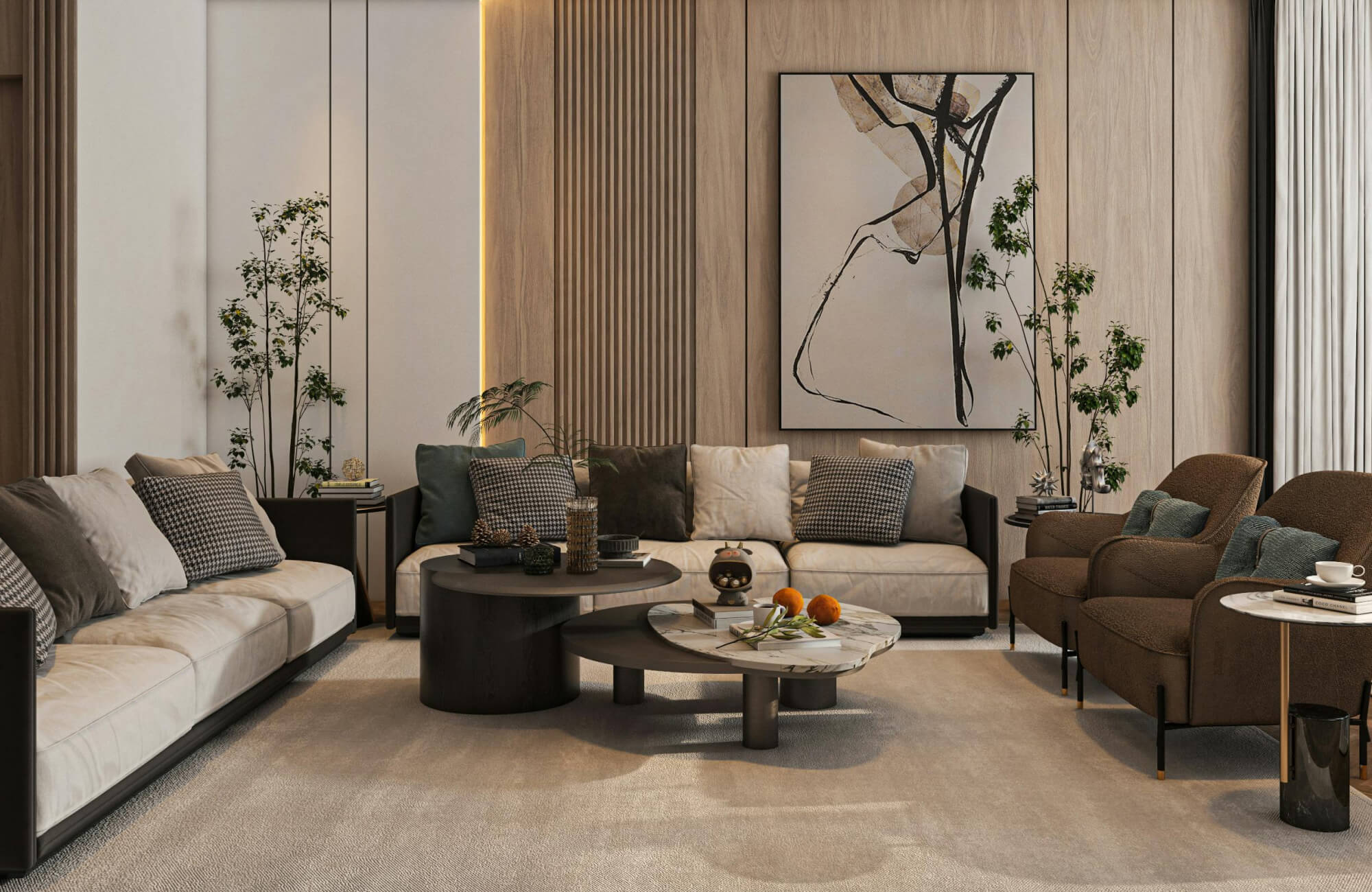 Big vertical wall art centered above a sofa in a modern living room, drawing the eye upward and helping the space feel taller and more open