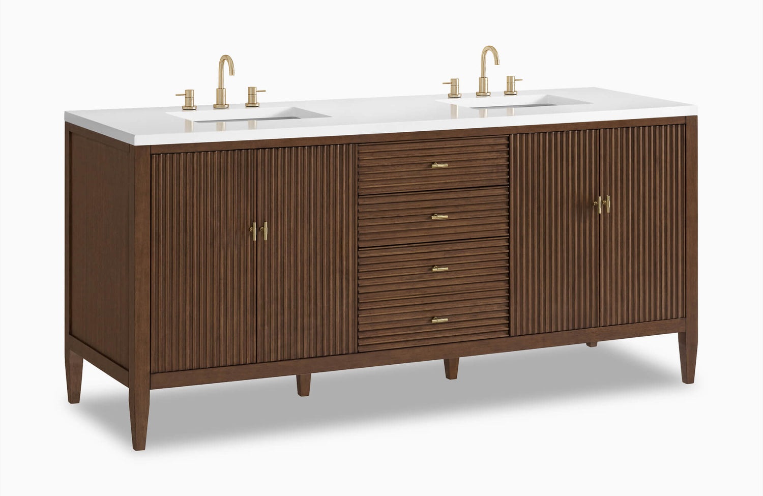 Mid-century–inspired 70 inch double vanity showcasing rich walnut-toned fluted wood cabinetry, a crisp white integrated countertop with two rectangular sinks, and brushed brass faucets that add warmth and refined contrast.