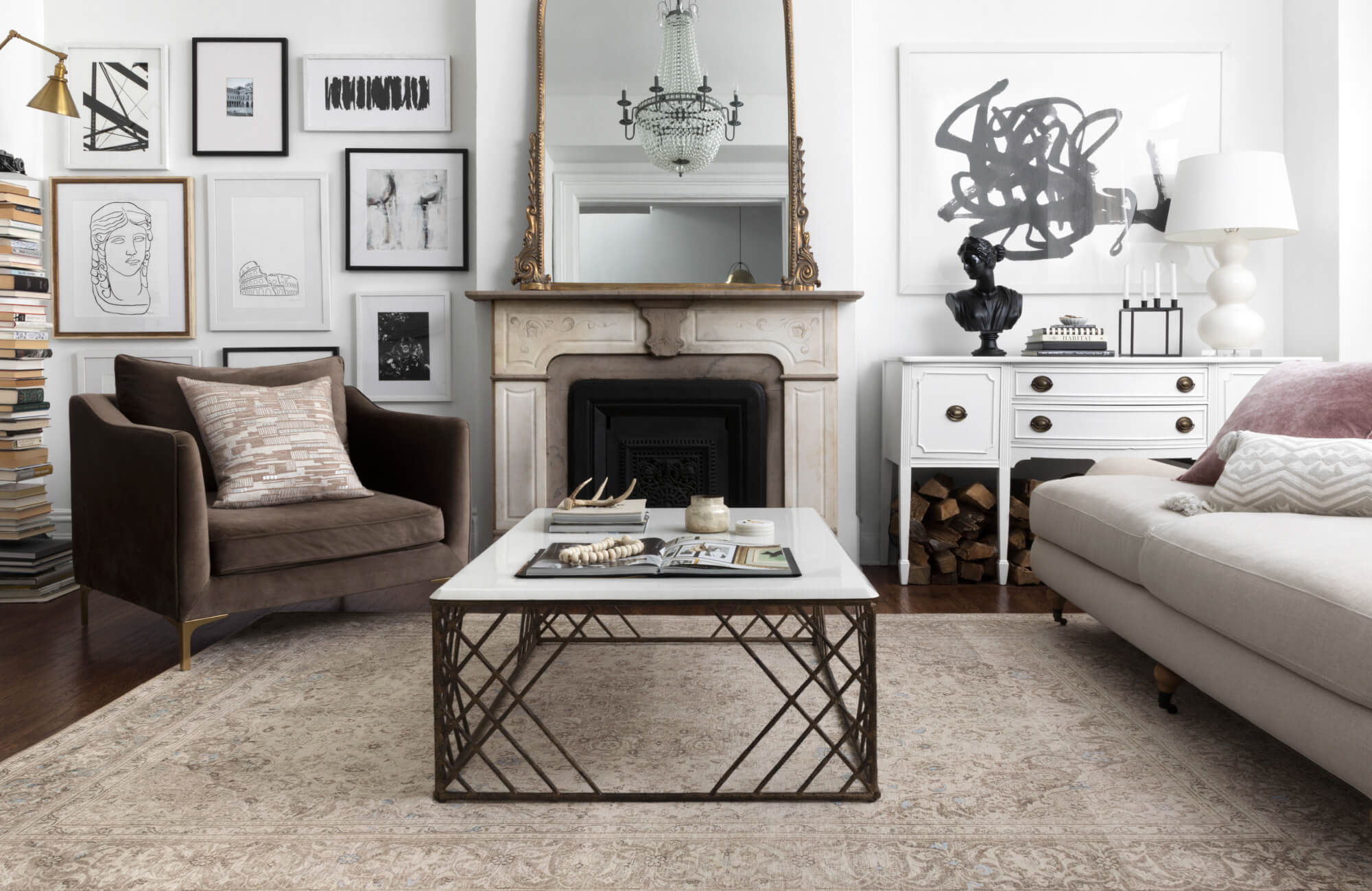 Medium square pillow on accent chair fits the seat proportion well, adding comfort without overwhelming the compact seating area.