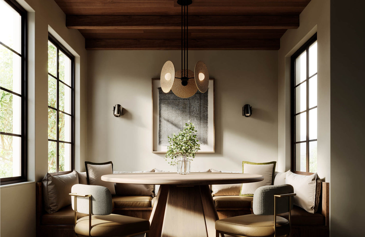 Warm, modern dining nook with sculptural wood table, built-in bench seating, and artistic pendant light with black sconces.