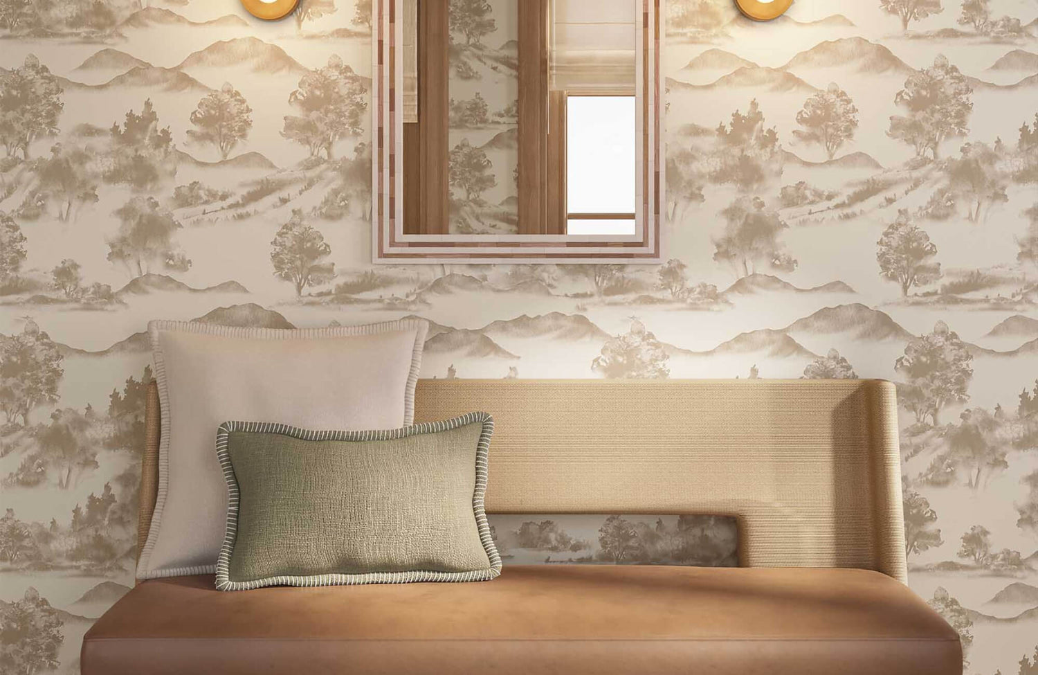 Beige and green decorative pillows soften this seating area, set against a warm beige wallpaper with a soft landscape pattern that adds depth and a calm, layered mood.