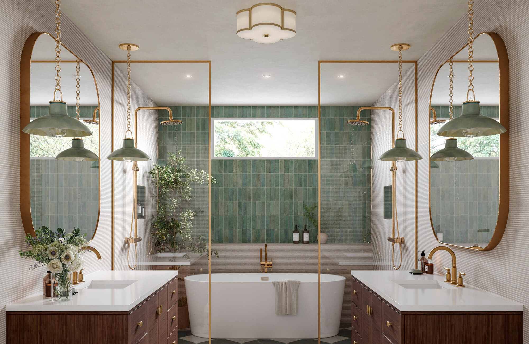 Symmetrical bathroom with double vanities, brass fixtures, green tile, and layered lighting from green pendants and a ceiling fixture.