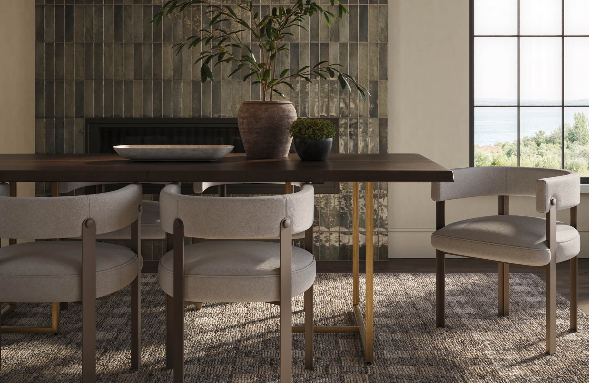 Contemporary dining chairs with curved upholstered backs and sleek wooden legs surround a dark wood table, creating a warm and refined dining space with modern organic charm.