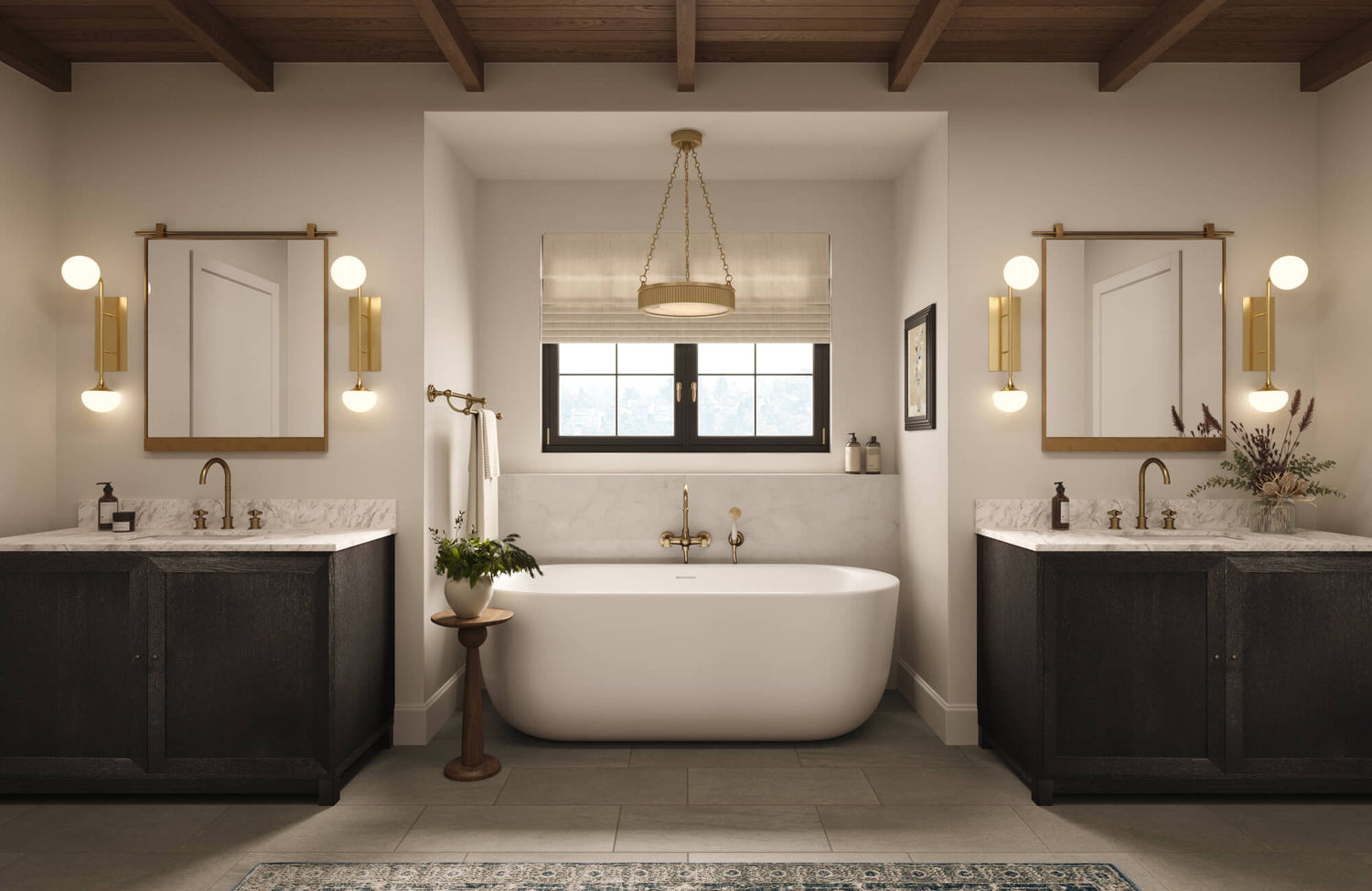 Refined bathroom with dark wood vanities, marble tops, globe wall sconces, and a central pendant above the tub.