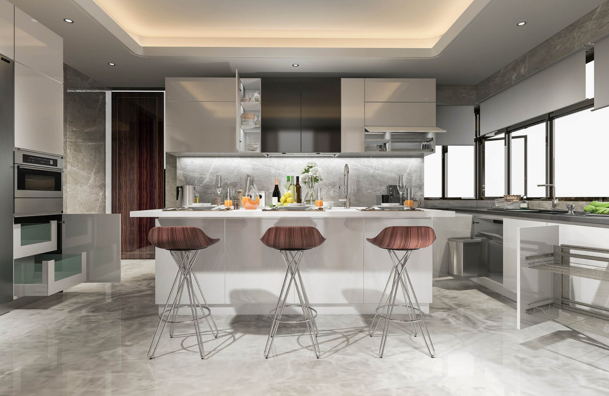 Modern kitchen interior with marble flooring, sleek cabinetry, center island, bar stools, and layered lighting for a bright, elegant look.