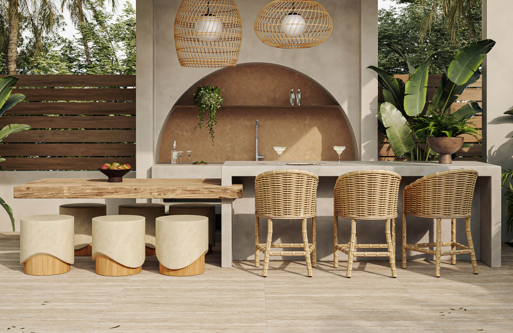 Woven outdoor bar stools and natural wood seating create a cohesive look in this patio, pairing effortlessly with warm terracotta tile, stucco finishes, and lush tropical greenery.