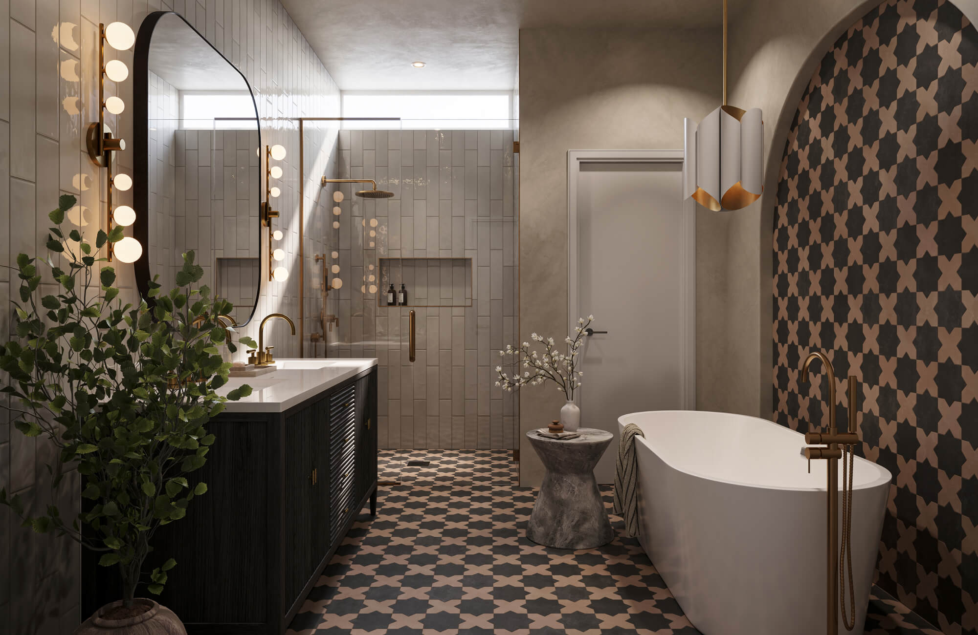 Bold black and taupe star-patterned tiles span the floor and accent wall, adding depth to this luxe modern bathroom.