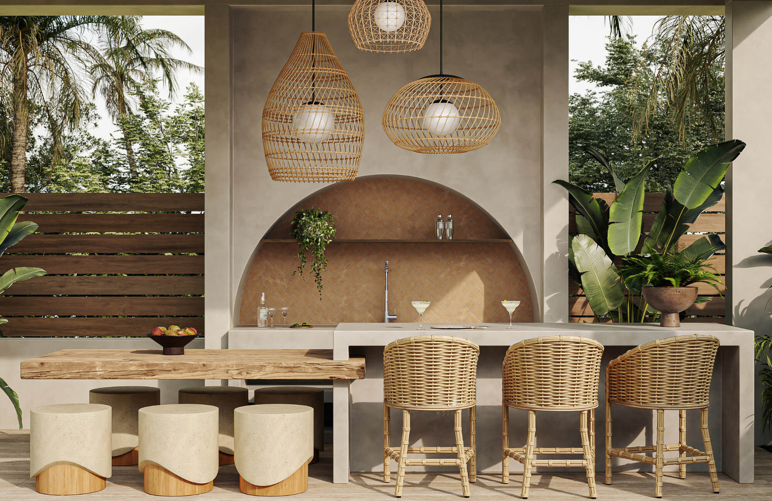 Outdoor summer kitchen with woven pendant lights, rattan barstools, and warm tile accents for breezy entertaining spaces outdoors.