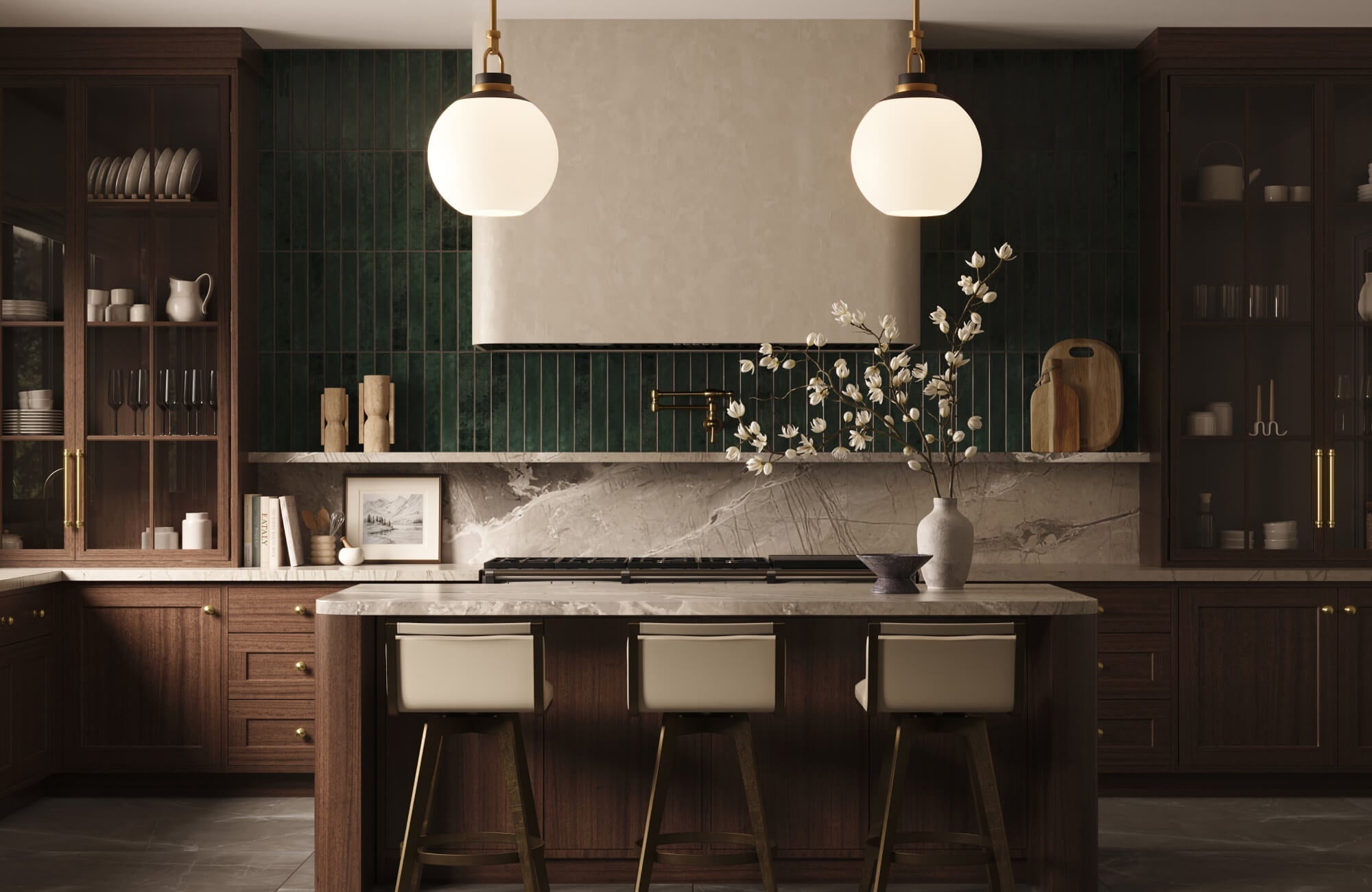 Moody modern kitchen with dark green vertical subway tile, walnut cabinets, marble counters with bar stools, brass accents, and globe pendant lights.