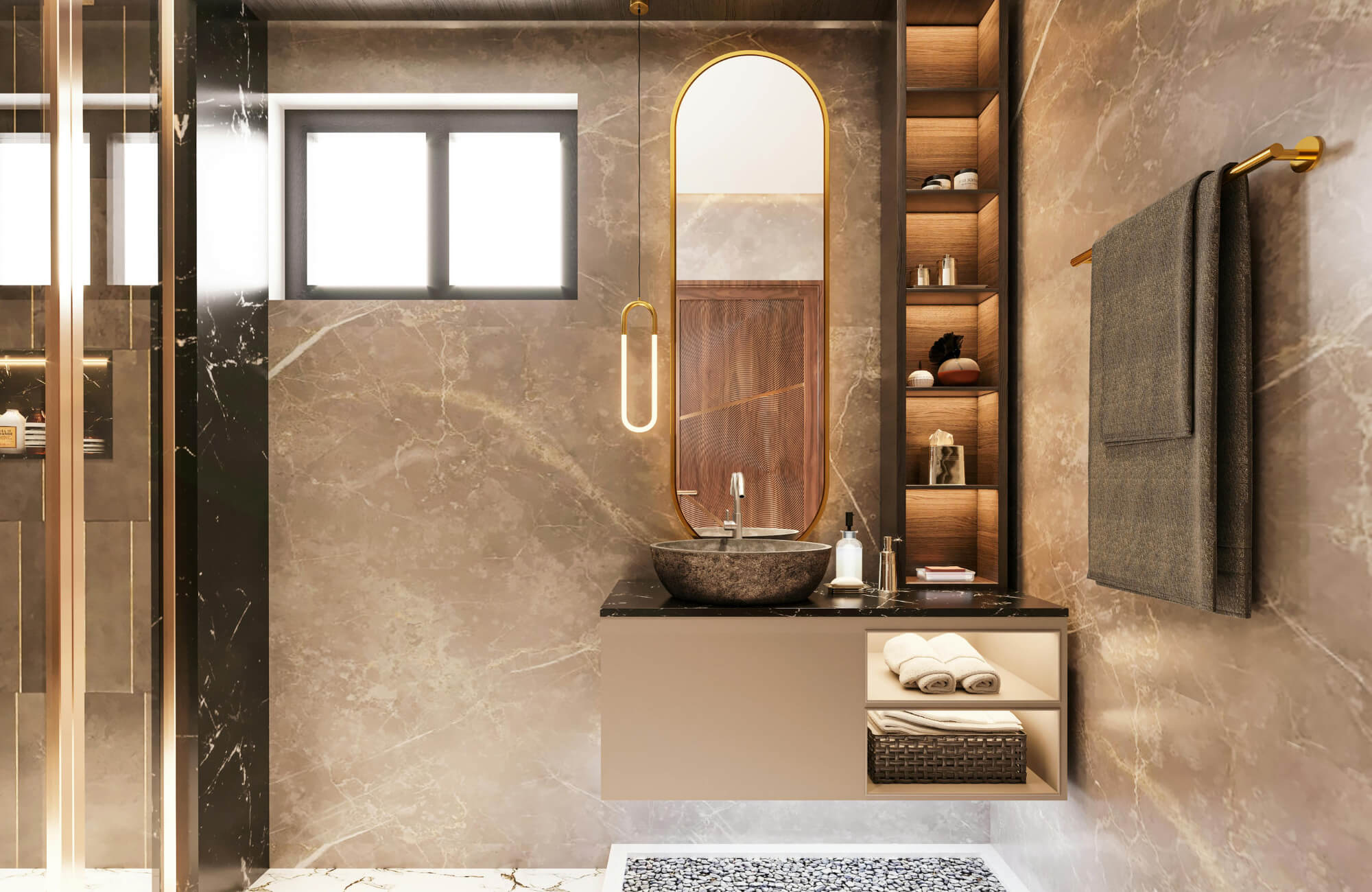 Modern floating bathroom vanity with open shelving, vessel sink, brass fixtures, and warm stone walls in a compact, spa-like space.