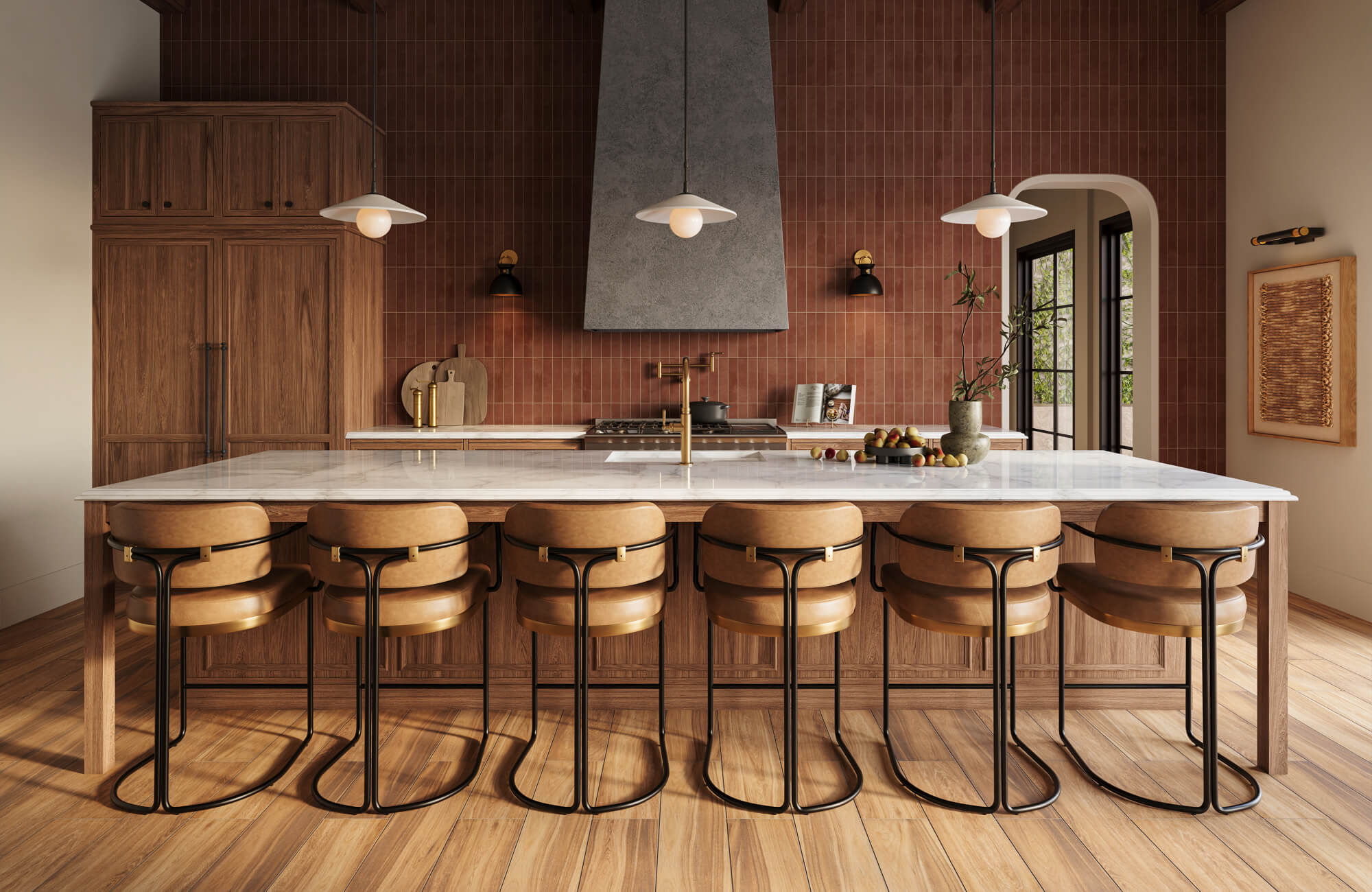 Framed wall art in an open-concept space paired with warm wood cabinetry, rust red vertical tile, tan leather seating, and black metal accents in a modern kitchen.