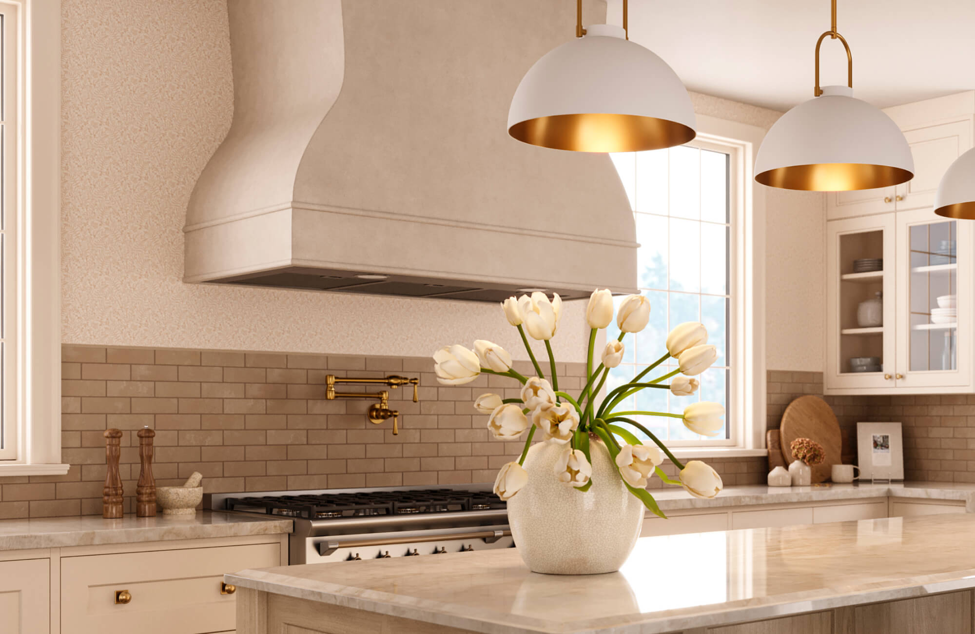 Warm-toned wallpaper paired with a contemporary kitchen island, pendant lights, and a floral arrangement.