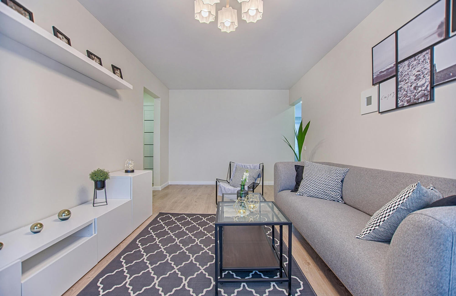 Gray sofa styled with black and white patterned decorative pillows that match the wall art, paired with a gray rug and light wood flooring in a modern living room.