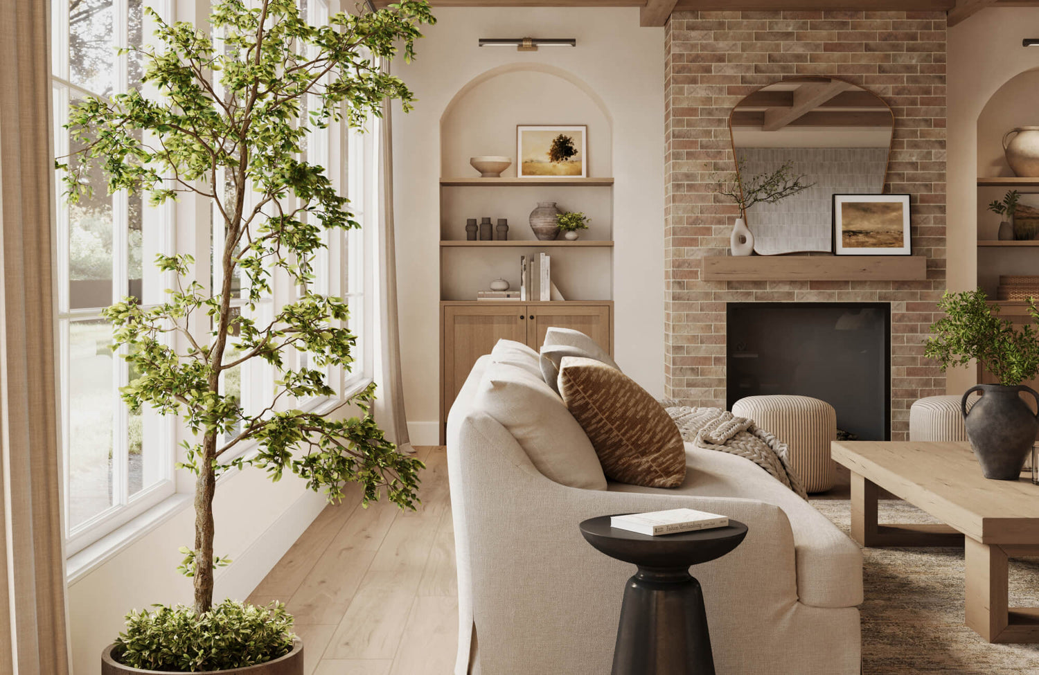 Living room refreshed with cream decorative pillows on a soft beige sofa, paired with warm wood furniture, a tan brick fireplace, and natural greenery.