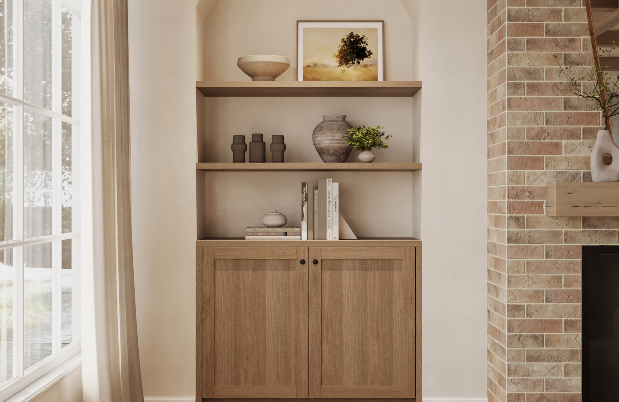 Built-in wood shelving with neutral decor and a small framed artwork placed high, showing how vertical spacing helps scale wall art for tall ceilings.