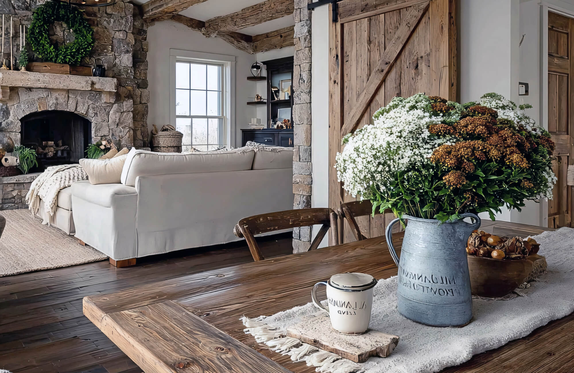 Rustic farmhouse dining table styled with a neutral runner, stoneware pitcher, and fresh florals in a warm, wood-beamed interior.