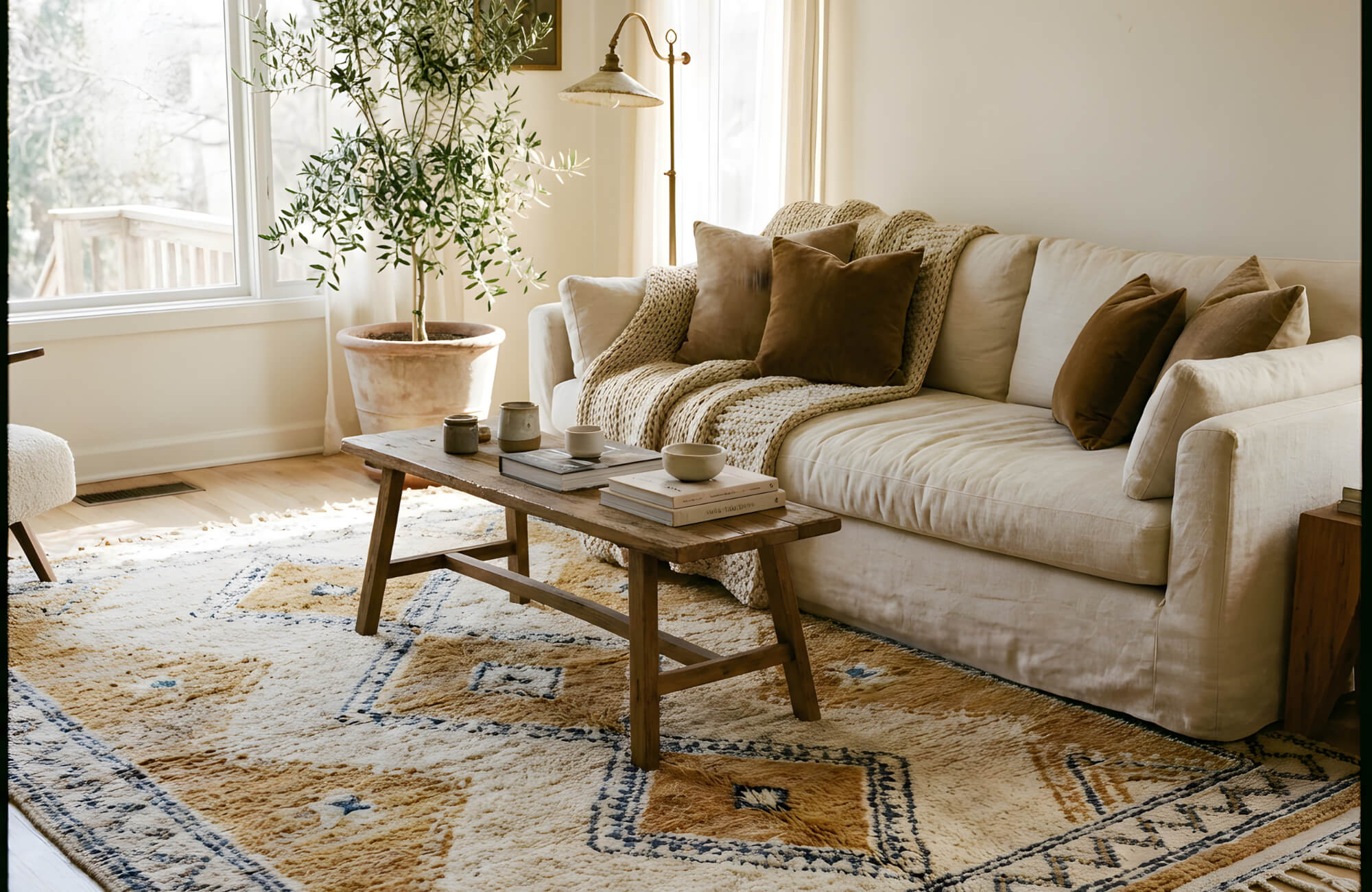 A neutral living room with a beige sofa, warm-toned pillows, and a patterned woven rug creating a cozy, sunlit space.