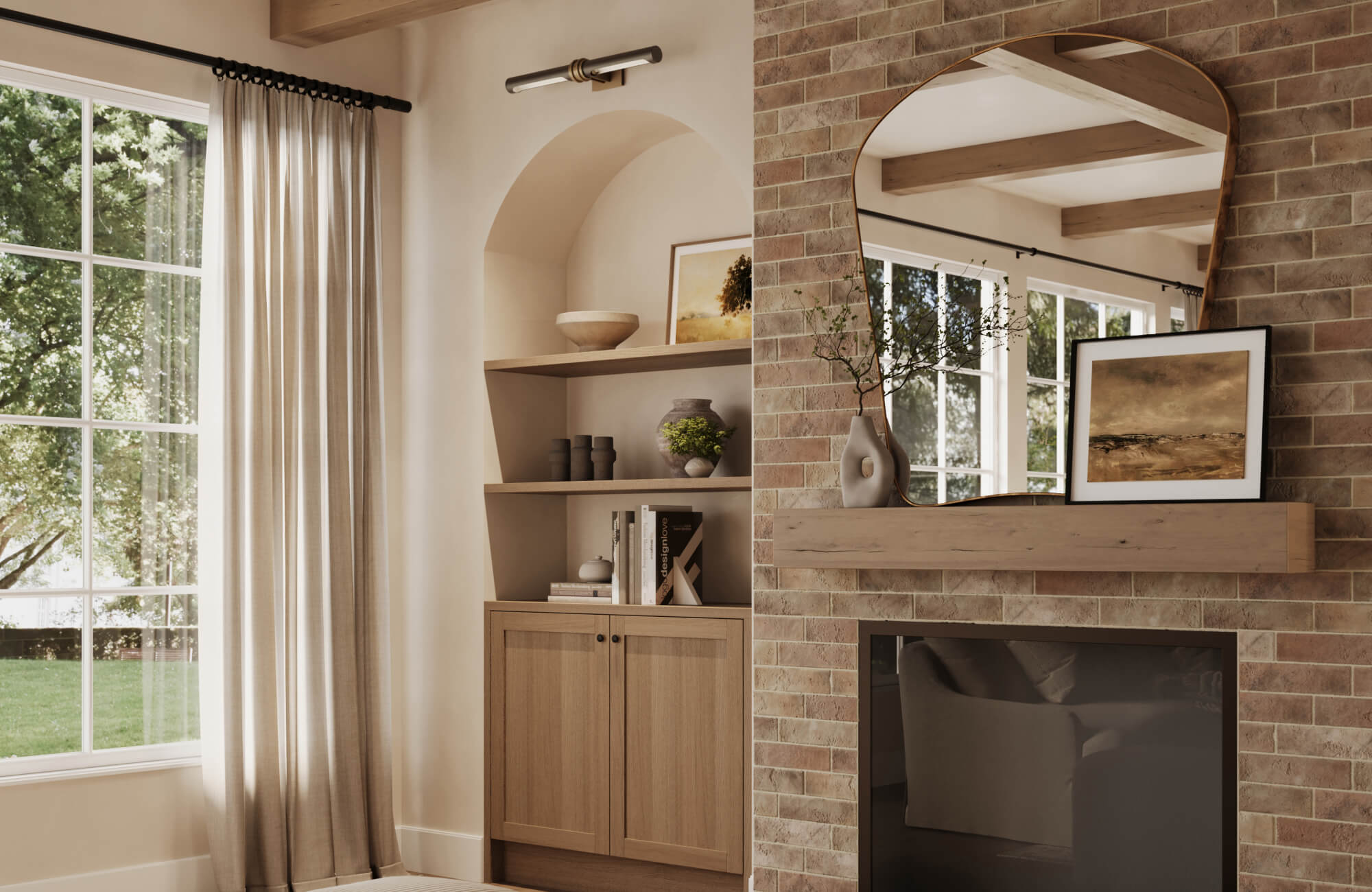 Cozy interior featuring a brick accent wall, framed artwork, sculptural vase, and natural light streaming through wide windows.