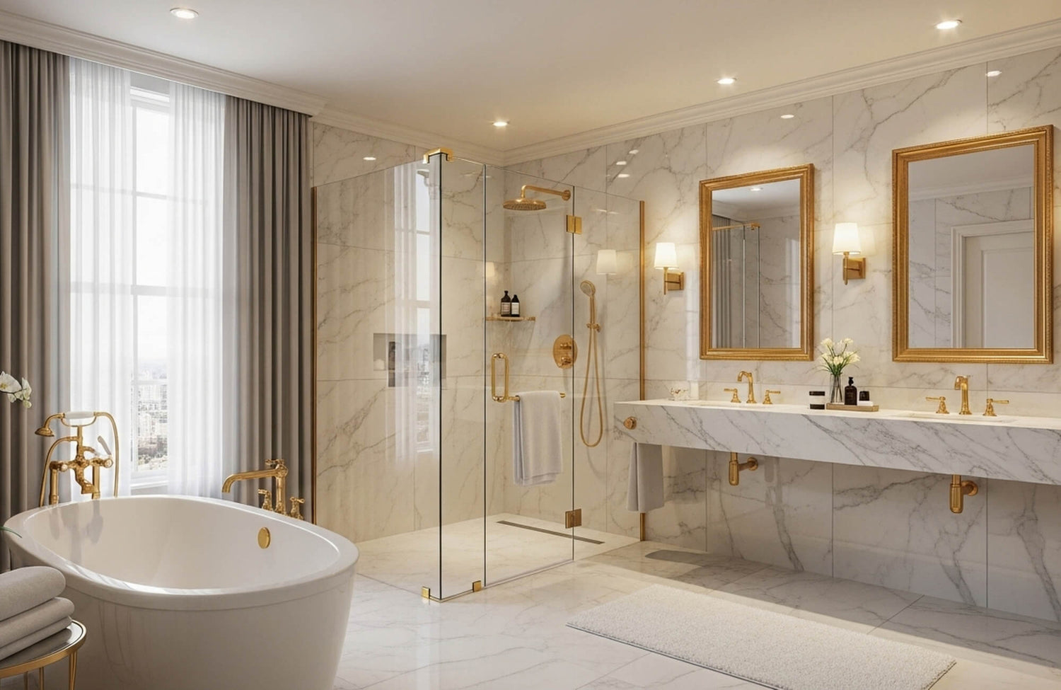 Luxurious marble bathroom with gold fixtures, glass shower, freestanding tub, and wall sconces flanking double mirrors.