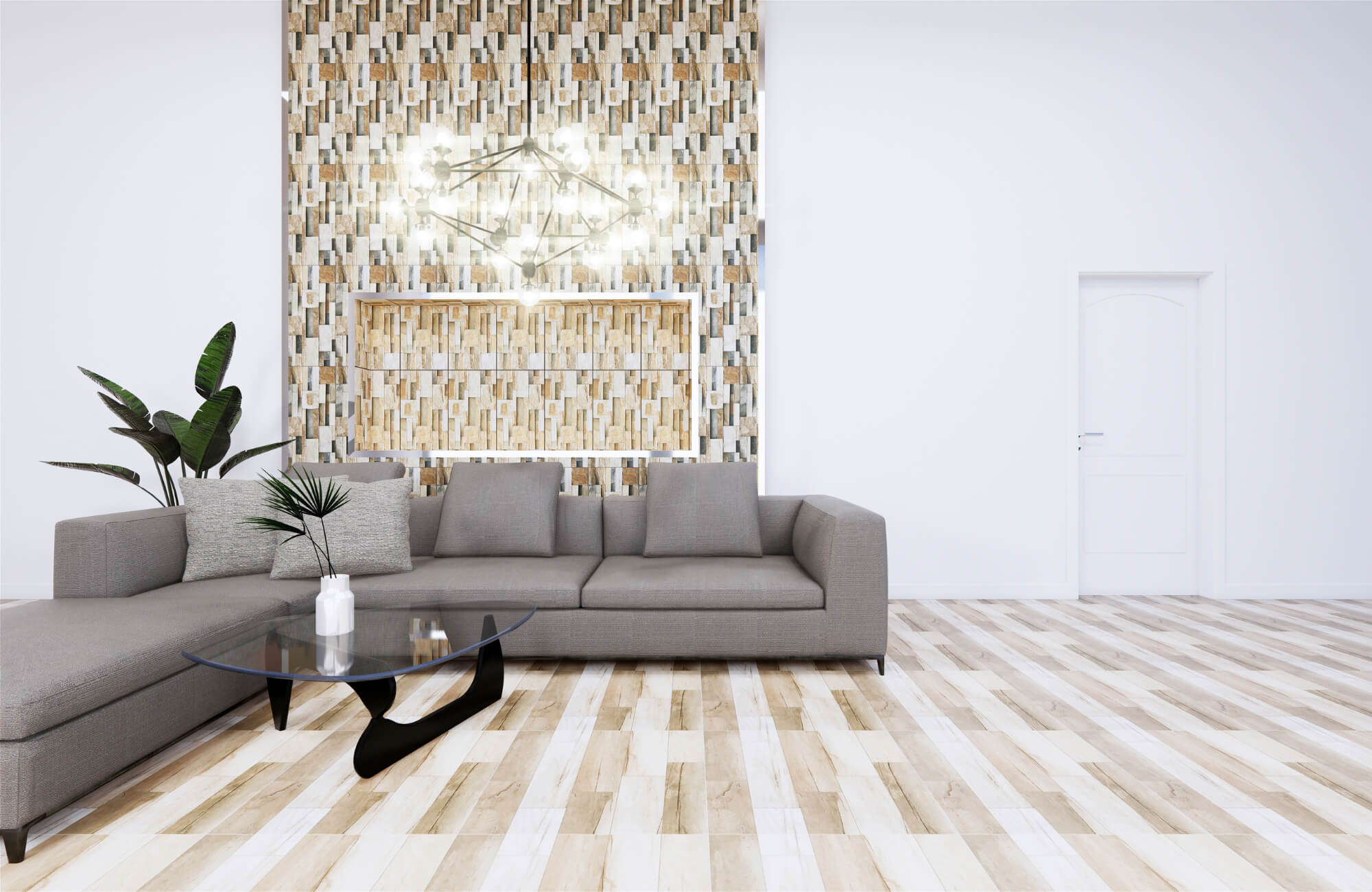 Modern living room with wood-look vinyl flooring, gray sectional sofa, glass coffee table, and geometric accent wall design.