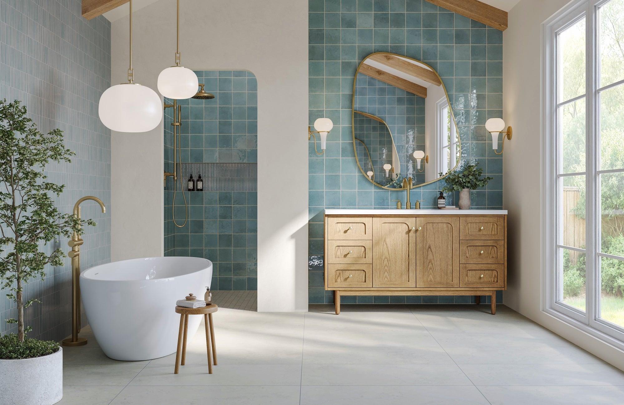 Bathroom with six light fixtures, including two pendant lights, three vanity sconces, and natural daylight from large windows.
