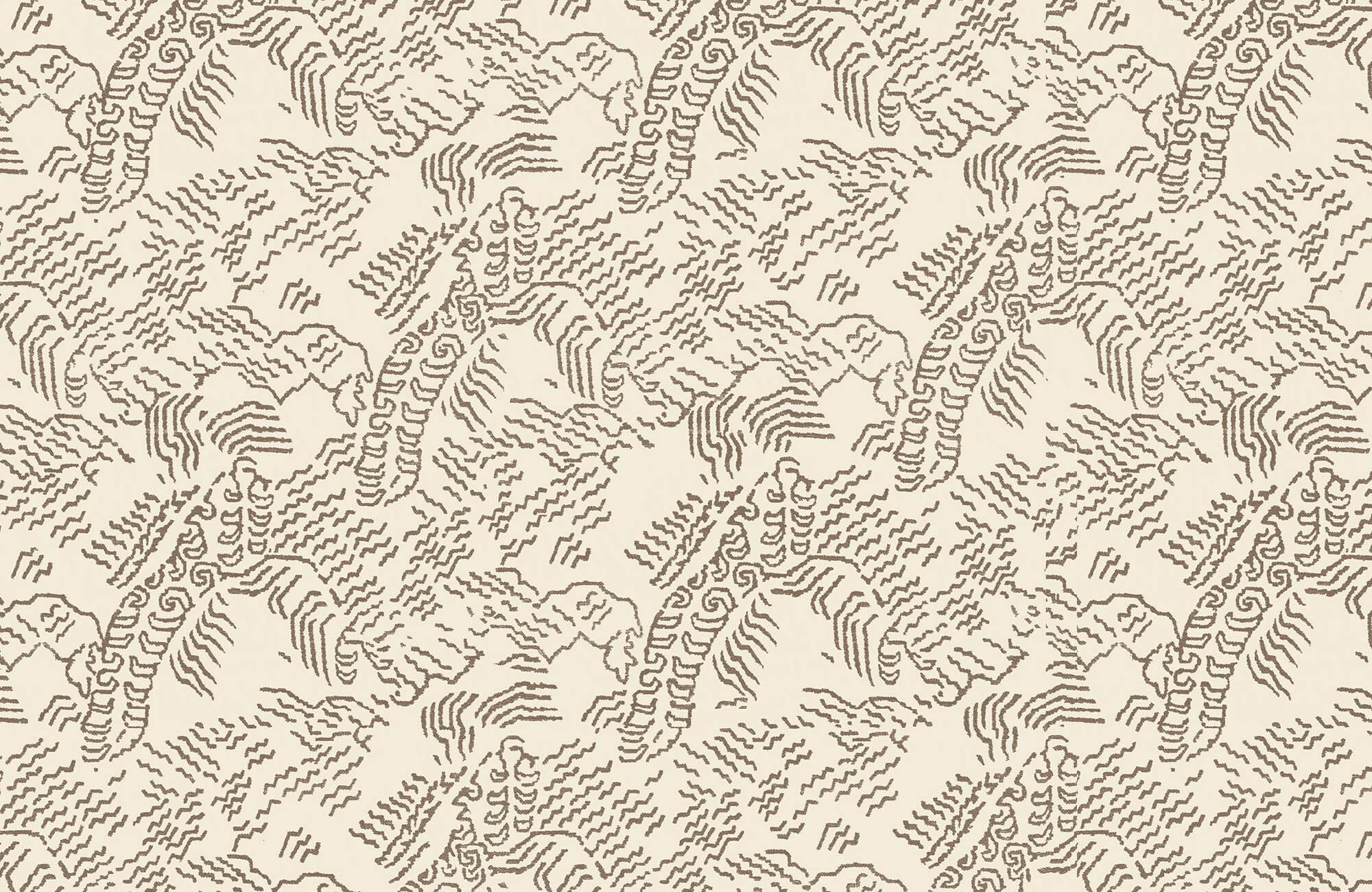 Modern wallpaper with an abstract animal and geometric line pattern in taupe over a warm cream background, creating a hand-drawn textured design.