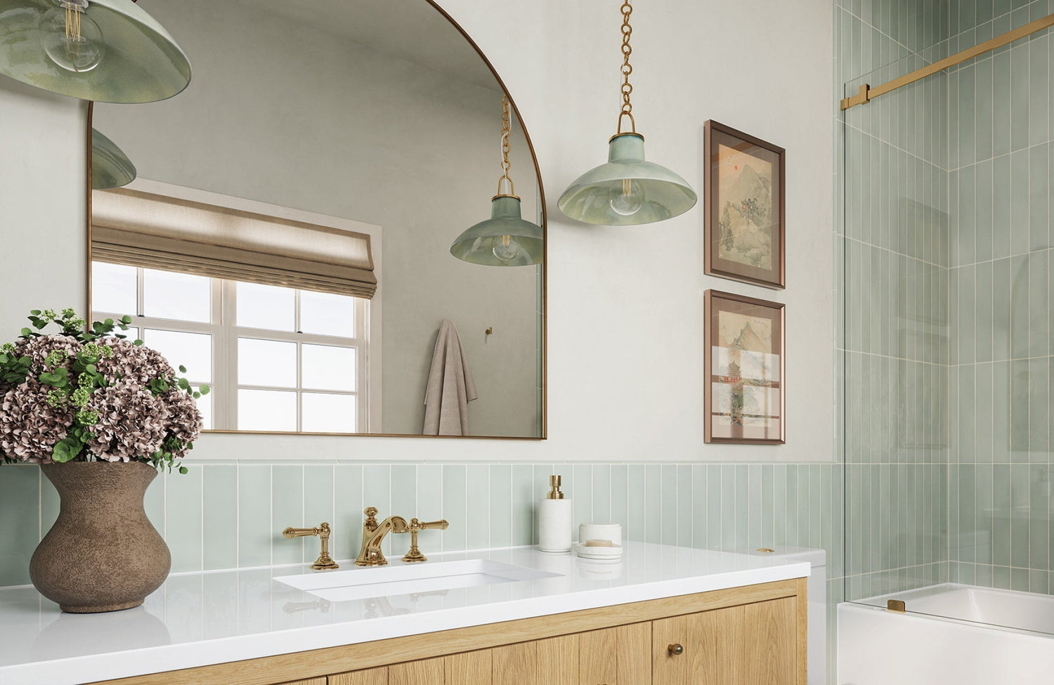 A light, airy bathroom with vertical backsplash tiles showing how backsplash height enhances wall proportion.