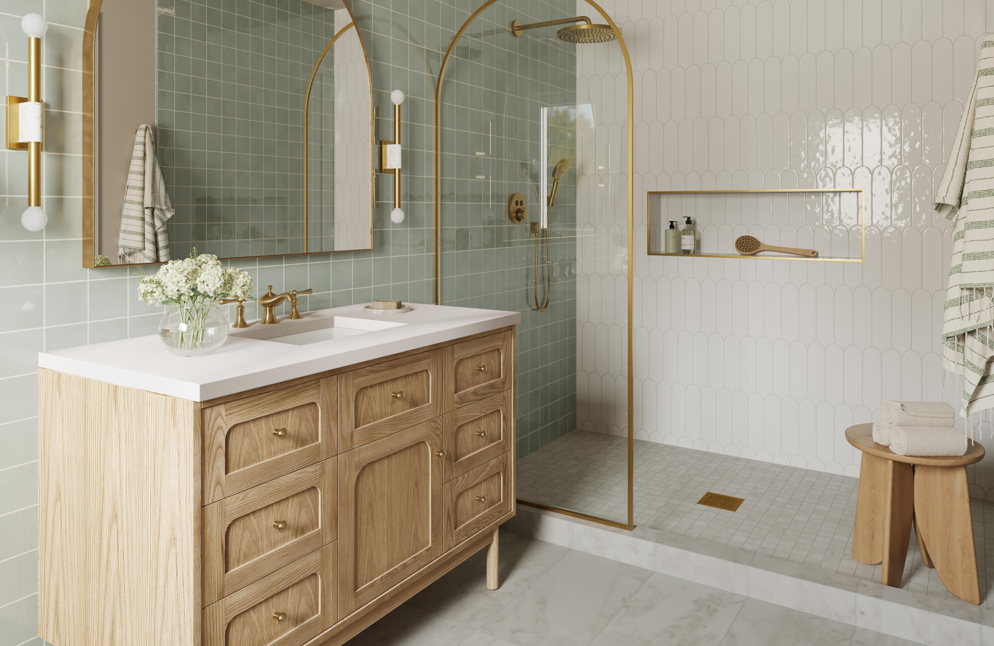 Contemporary vanity setup featuring a double sink with a white countertop, gold fixtures, and green tiled walls.