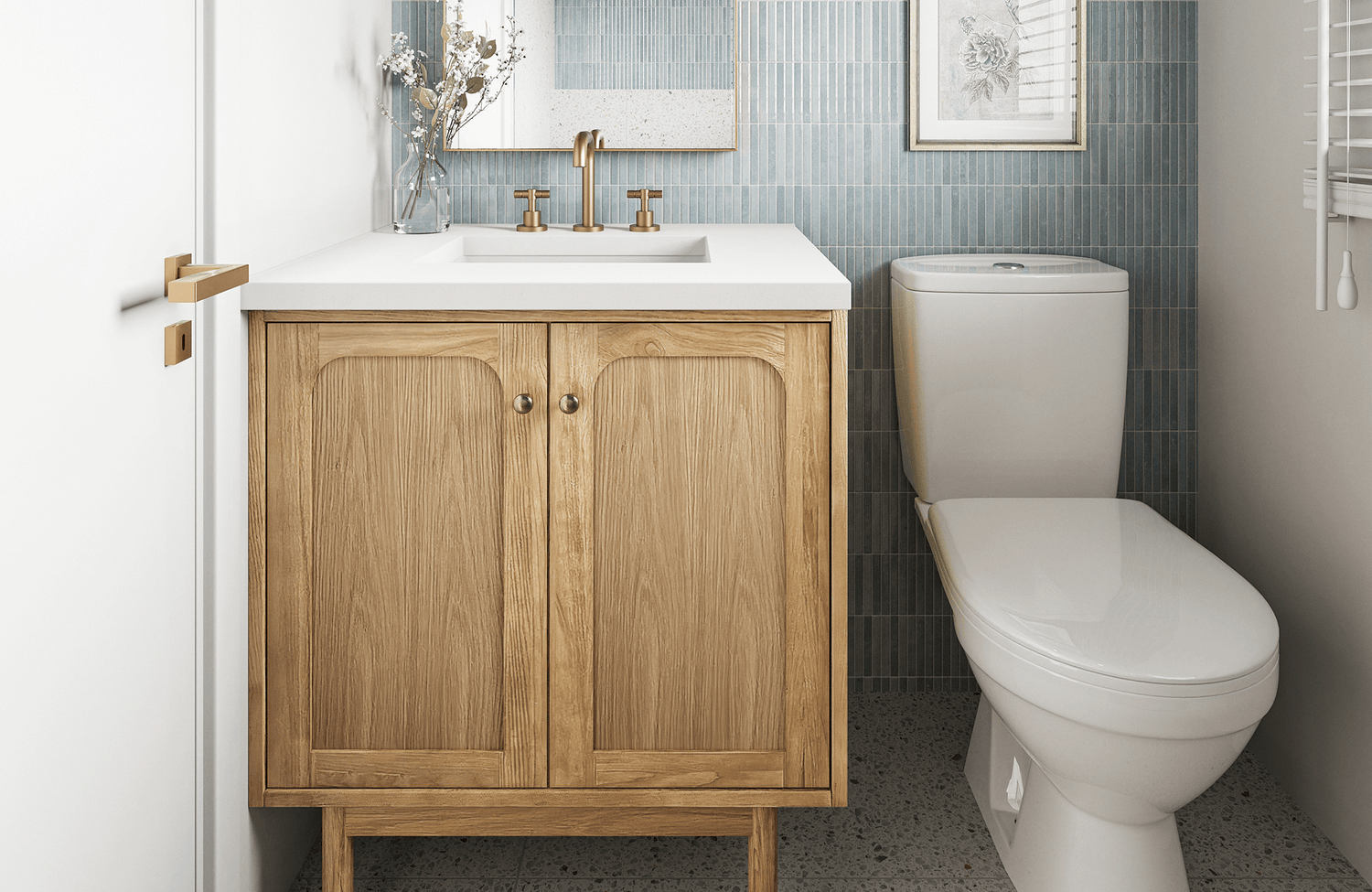 Compact modern bathroom with a wood vanity and brass fixtures, set against sleek vertical blue tiles.