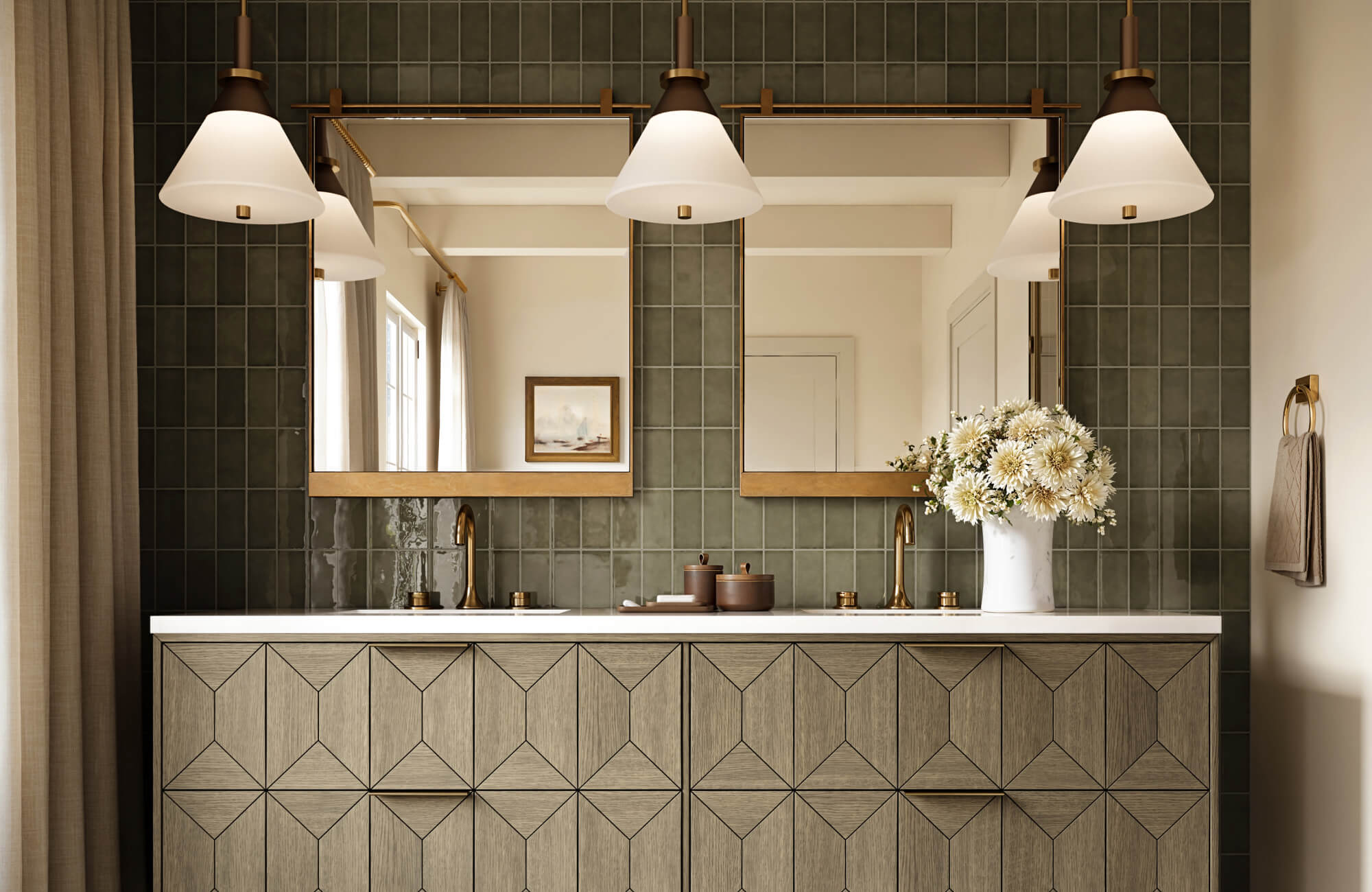 Double vanity bathroom with brass fixtures, geometric wood cabinetry, twin mirrors, pendant lights, and glossy olive green wall tiles.