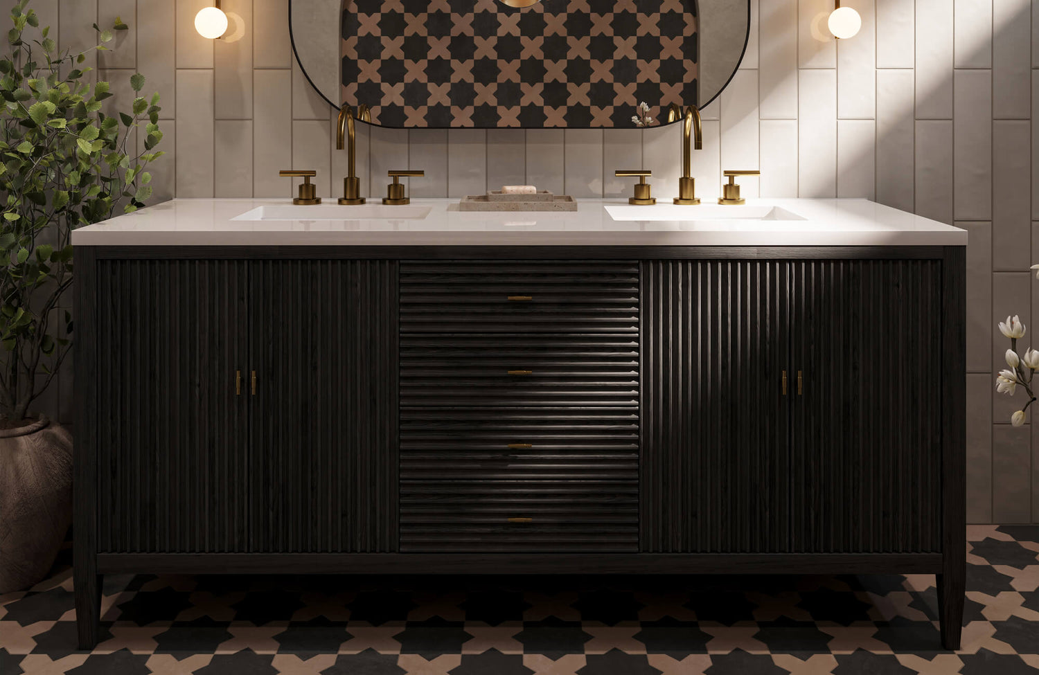 A dark wood double-sink vanity with vertical detailing, brass faucets, and a white countertop set against neutral wall tiles and patterned flooring.