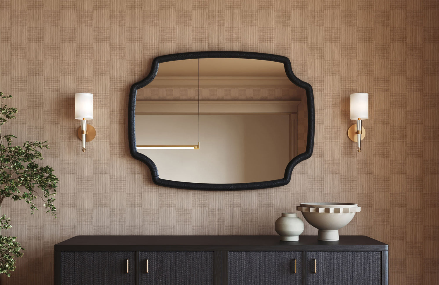 Neutral-toned bathroom vanity with textured wallpaper and a statement mirror, showing how subtle patterns complement existing furniture and finishes when choosing wallpaper.