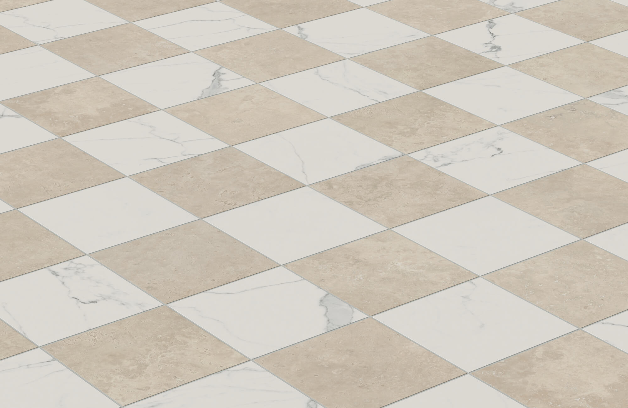 Beige and white marble look checkerboard tiles with subtle veining and stone textures arranged in a diagonal pattern.