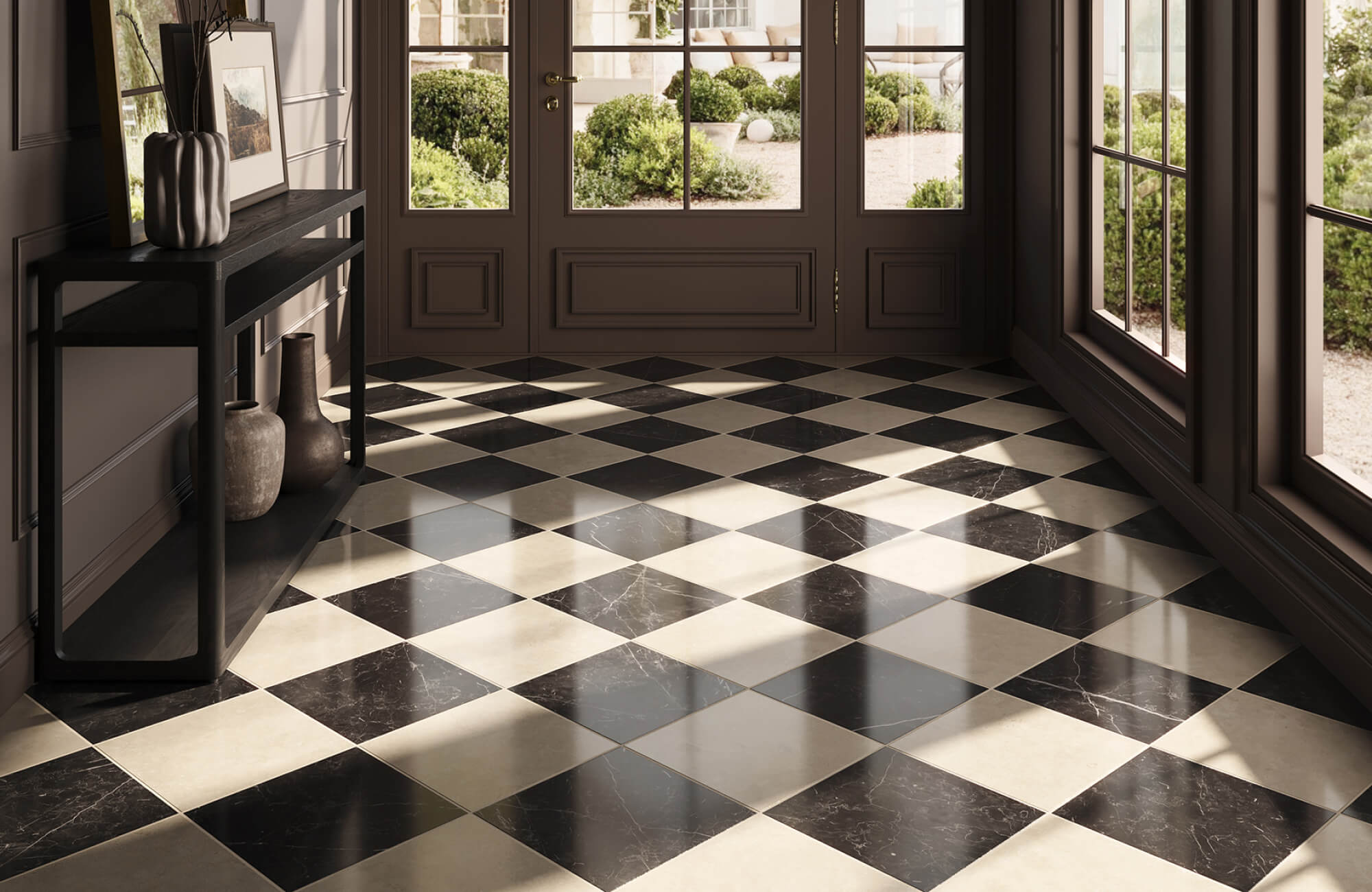 Diagonal black and white marble-look checkerboard tiles in a sunlit foyer, paired with wood-framed glass doors and a minimalist console table.