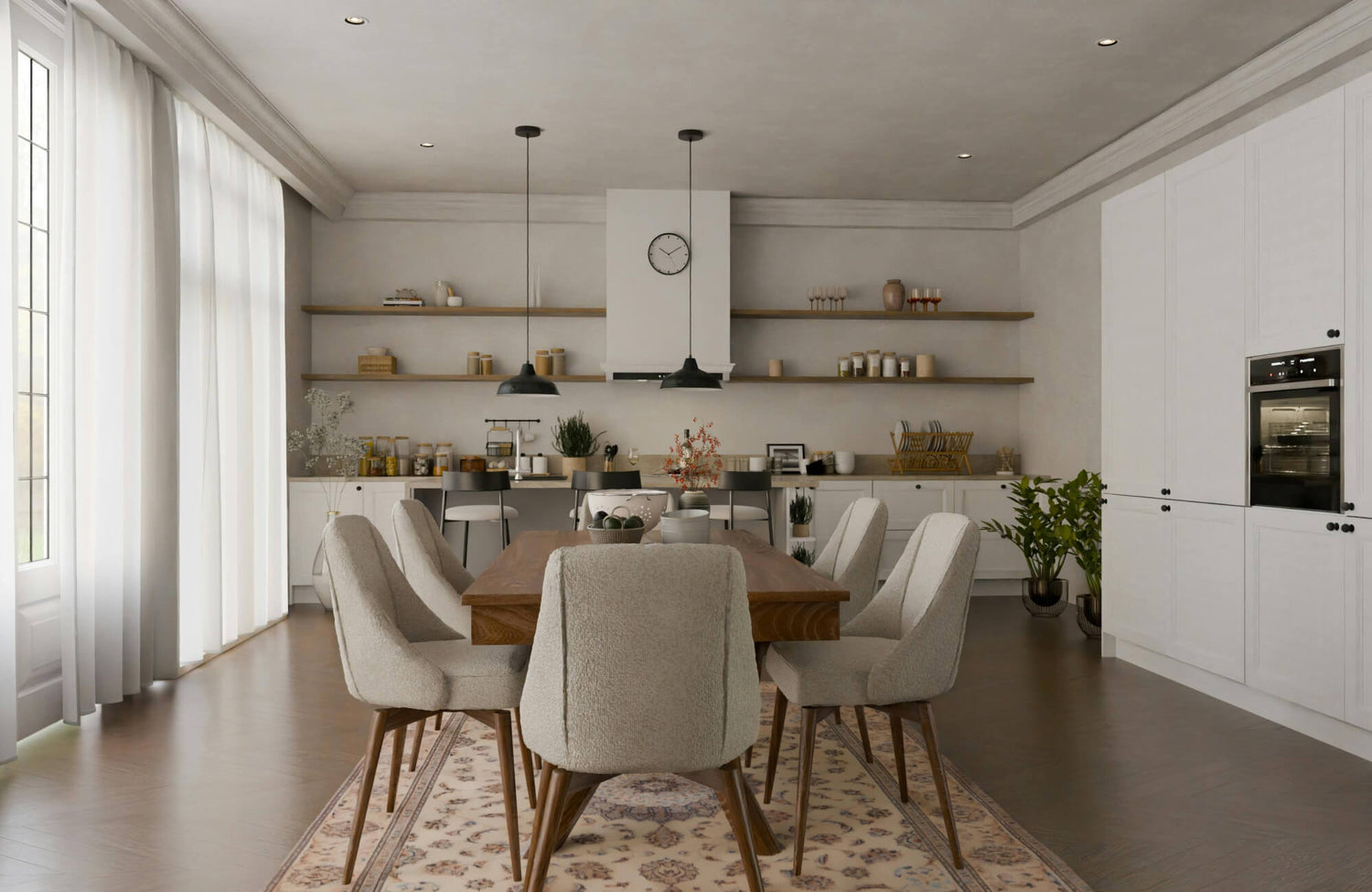 A modern dining room with a wood table centered on a patterned area rug, layered with pendant lights and recessed ceiling lighting for a balanced, ambient glow.